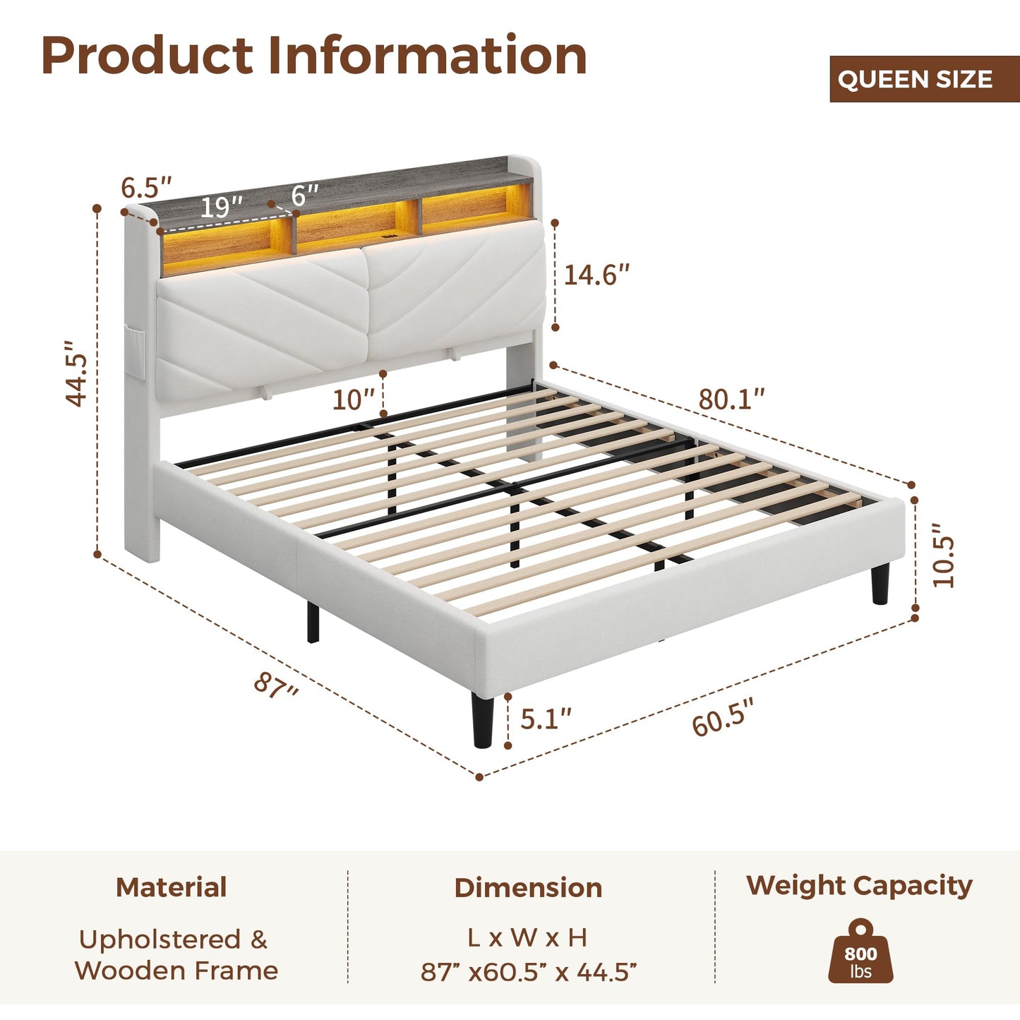 Jocoevol Queen Size Bed Frame with Ergonomic Headboard and Hidden Storage, Velvet Upholstered Platform Bed with LED Light, Wooden Bed Frame with Charging Station, No Box Spring Needed, White