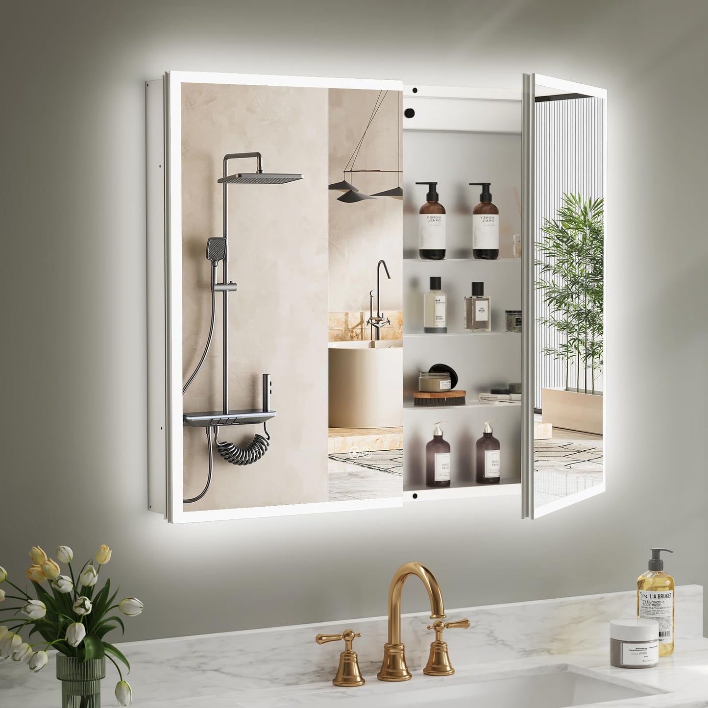 LED Medicine Cabinet Mirror 30x36 IN, Lighted Medicine Cabinet with 3-Colors Dimmable Light, Defog, Medicine Cabinet with Light Built-in 2-Compartment, Sensing Light, 2 Outlets, Recessed or Wall Mount
