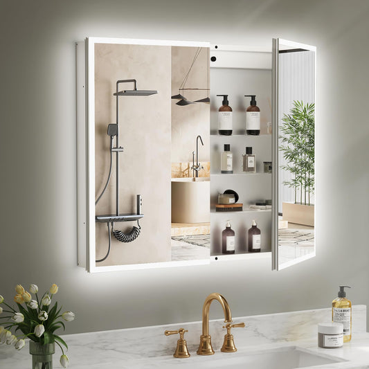 LED Medicine Cabinet Mirror 30x36 IN, Lighted Medicine Cabinet with 3-Colors Dimmable Light, Defog, Medicine Cabinet with Light Built-in 2-Compartment, Sensing Light, 2 Outlets, Recessed or Wall Mount