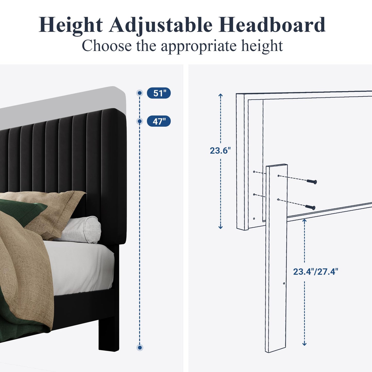 Allewie King Platform Bed Frame, Velvet Upholstered with Adjustable Vertical Channel Tufted Headboard, Mattress Foundation with Strong Wooden Slats, Box Spring Optional, Easy Assembly, Black