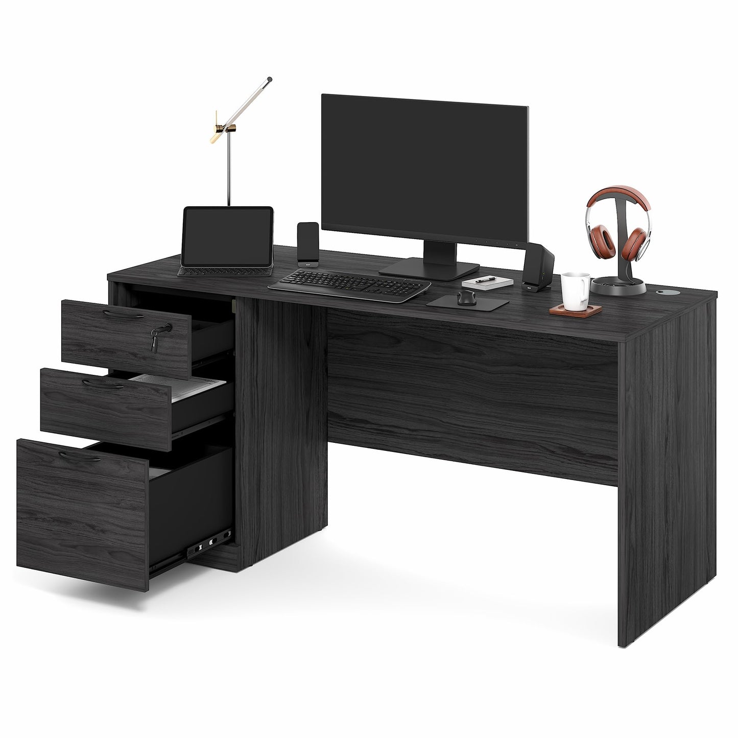 Furinno Roger 60 Inch Executive Desk with File Cabinet, Home Office Desk with 3-Drawer Fixed Pedestal Filing Cabinet, Desk Cord Grommet, for Home Office, Antique Grey