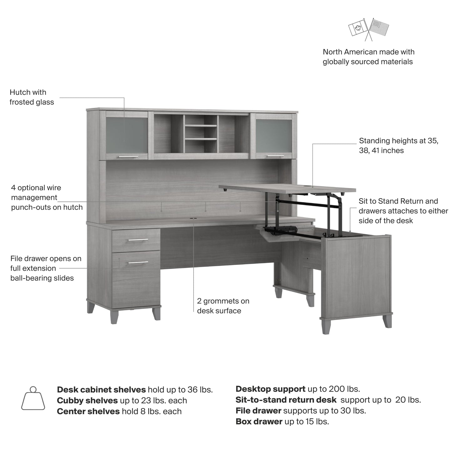 Bush Home 72-Inch L-Shaped Sit to Stand Desk with Hutch, Adjustable Height Standing Corner Computer Desk with Drawers, Shelves and Storage Cabinet, Home Office, Somerset Collection, Platinum Gray
