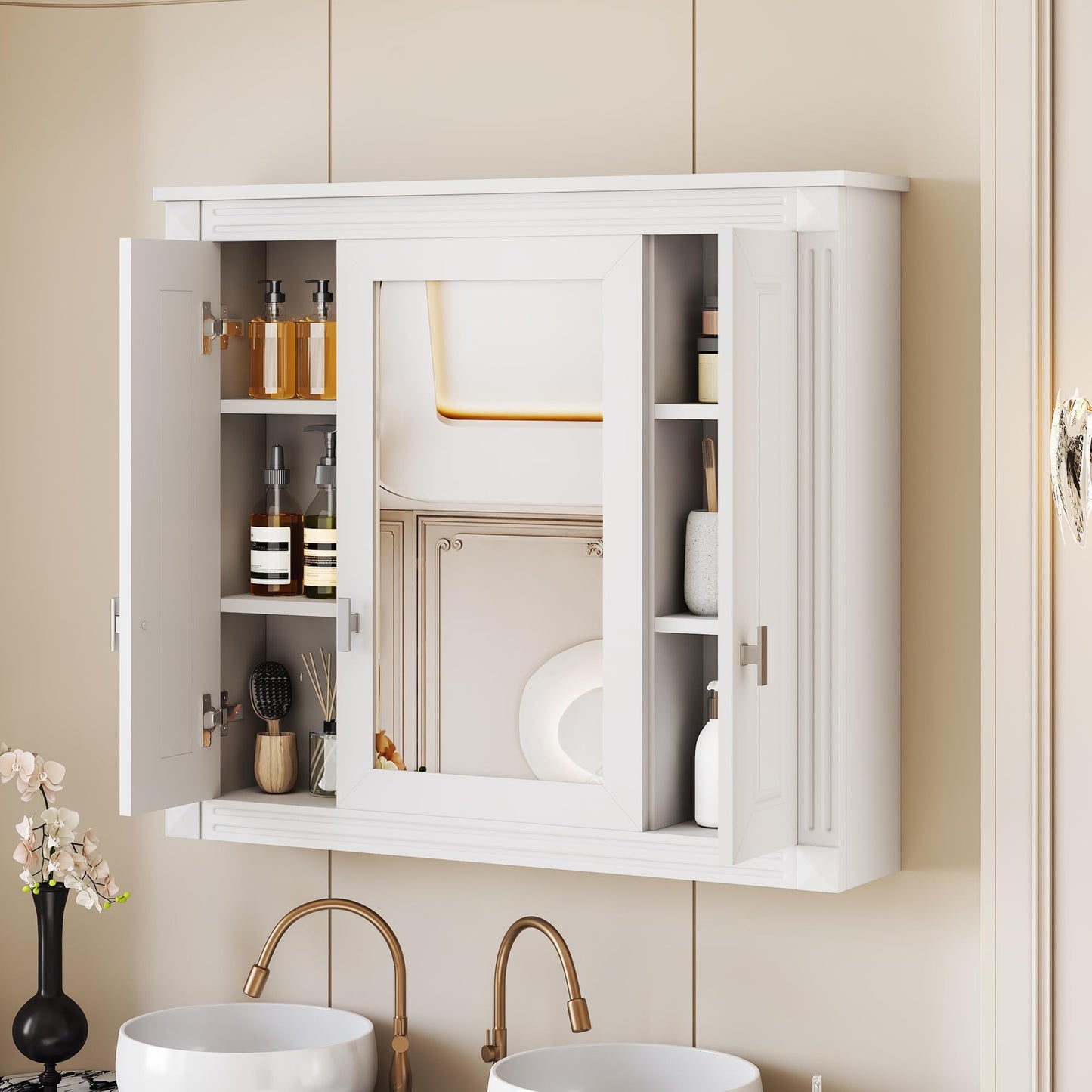 Merax Wall Mounted Bathroom Medicine Cabinet with Mirror, Bathroom Wall Cabinet with Doors and Shelves, 35" x 29" Mirrored Door Over Toilet Storage Cabinet, White