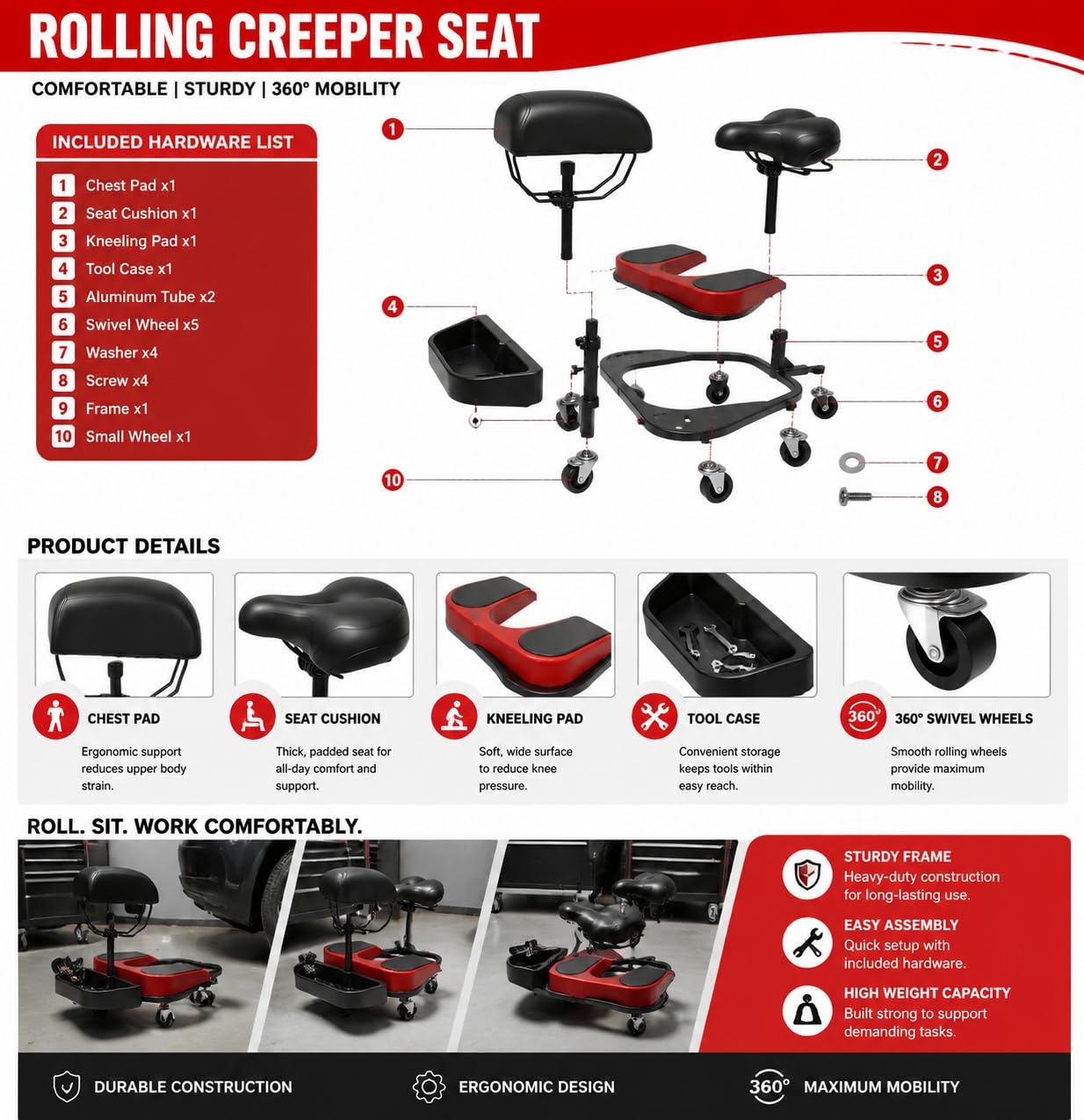 Heavy-Duty Kneeling/Sitting Creeper with Adjustable Seat & Tool Tray – 300lb Capacity Rolling Knee Work Seat for Auto Repair, Flooring, Landscaping & DIY – Padded Knee Support & Smooth Casters