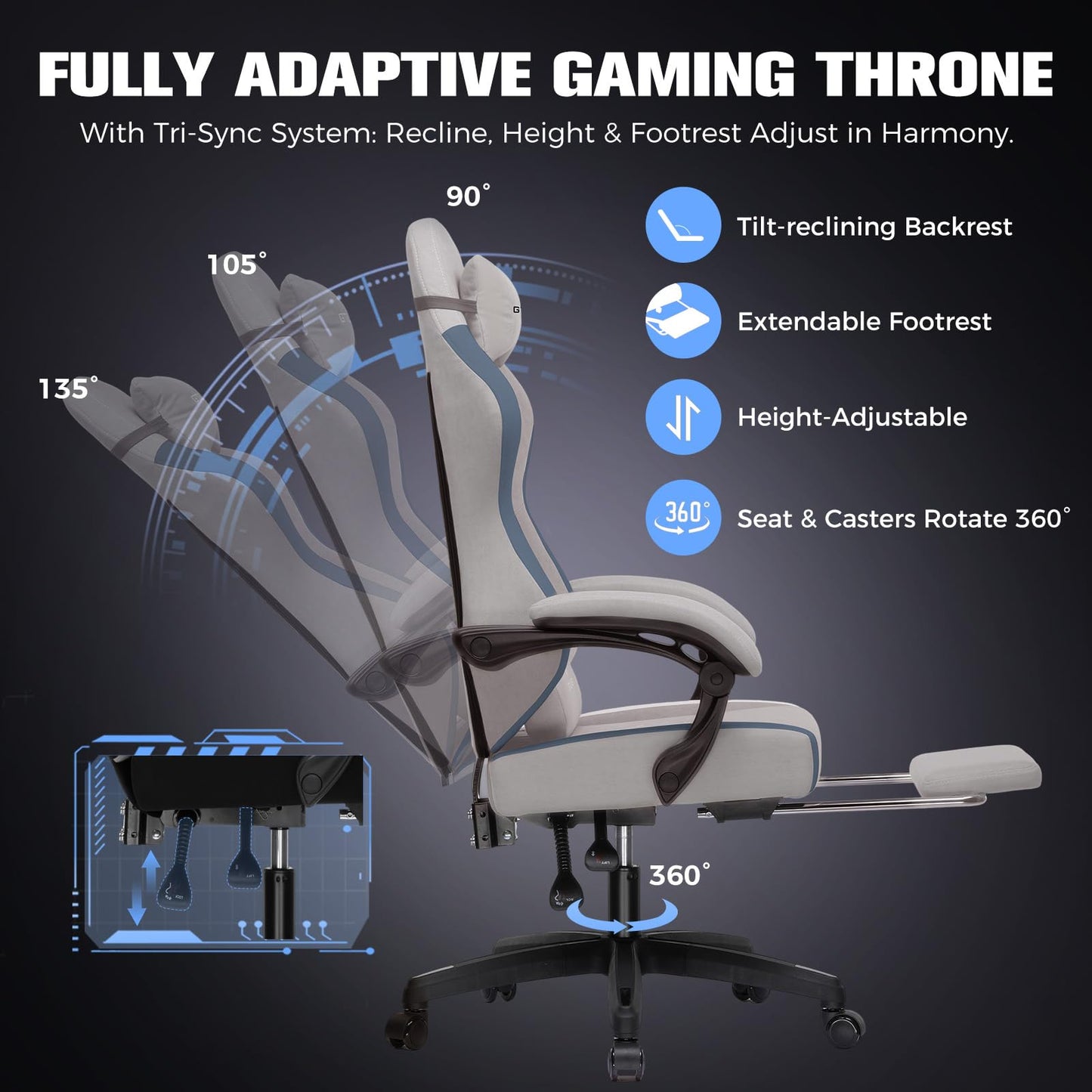 GTPLAYER Gaming Chair, Ergonomic Computer Chair with Footrest and Lumbar Support, High Back Recliner Chair 350lbs, Height Adjustable for Home Office, Grey