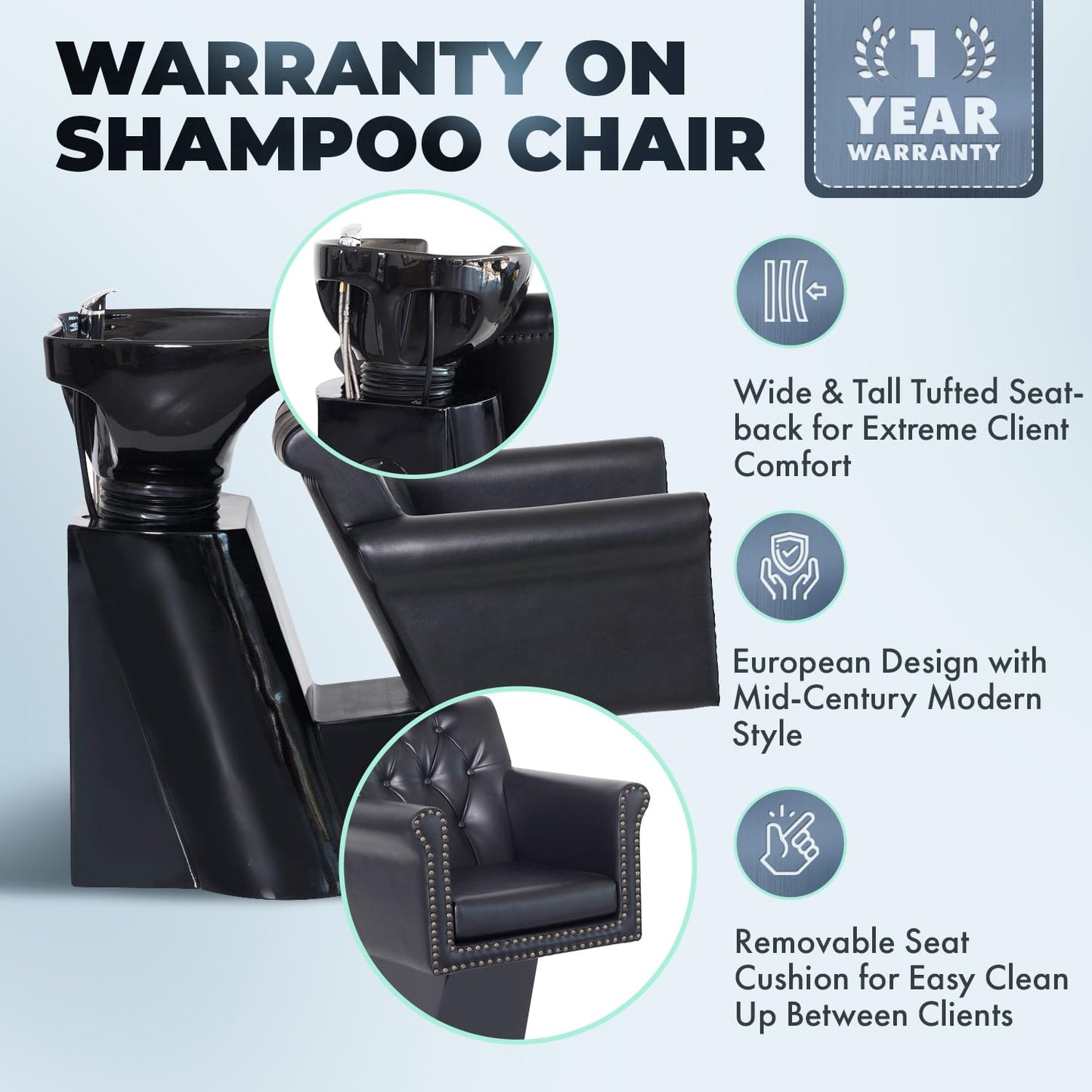 Buy-Rite Chelsea Shampoo Backwash Unit - Tufted Chair, Removable Cushion, Tilting Porcelain Bowl, Single-Lever Faucet, Vacuum Breaker & Install Kit Included - NIN-9902 (Black Chair Black Sink)