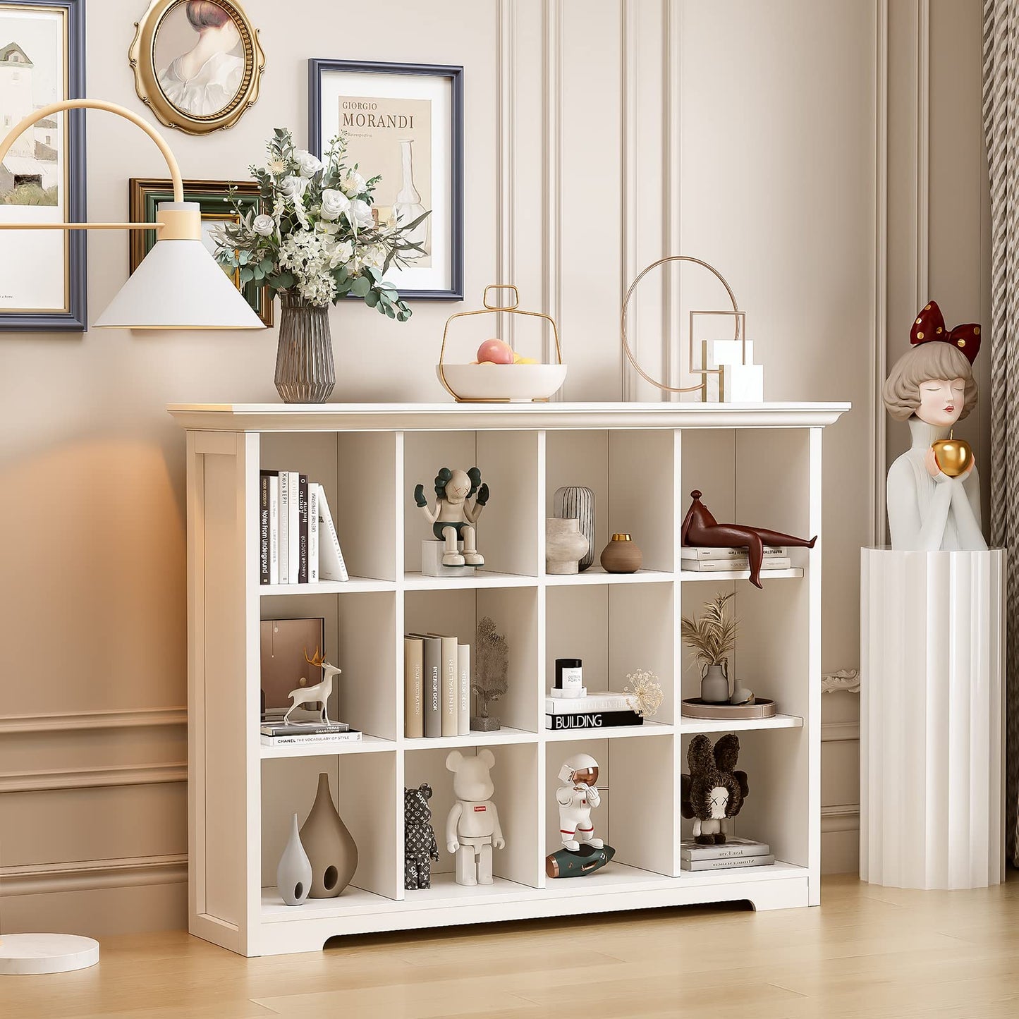 OSCHF Wooden Cube Bookcase with Base - Modern 3 Tiers Floor Standing Open Shelf Cabinet for Home and Office, 12-Cube Lattice Bookshelf, Warm White