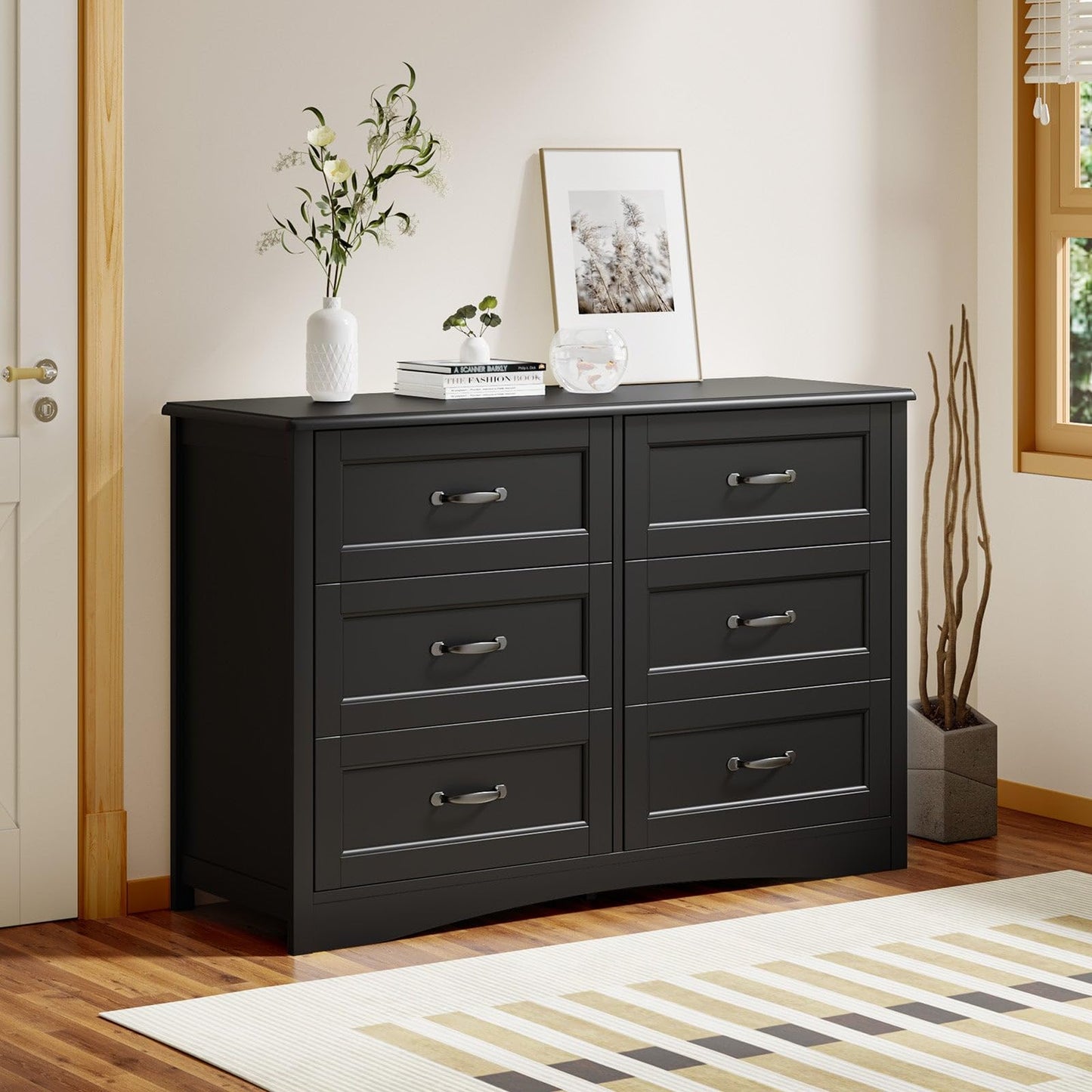 Gizoon 6 Drawer Dresser for Bedroom，47'' Larger Chest of Drawers with Mental Handle for Kids Room, Black Dresser with 6 Storage Drawers for Living Room, Entryway and Hallway, Black