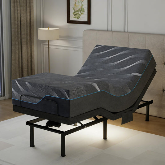 Vipbear Twin XL Adjustable Bed Frame with Mattress - 14 Inch Grey Gel Memory Foam Firm Mattress in Box, Adjustable Bed Base with Under-Bed LED Light, USB Ports,Wireless Remote