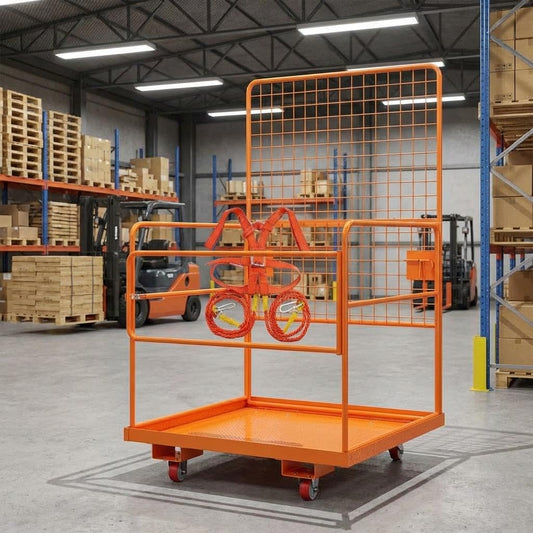 43"X45" Forklift Safety Cage, 1800Lbs Heavy-Duty Forklift Work Platform with Safety Harness,Wheels & Lock, Collapsible Lift Basket for Lifting Loader