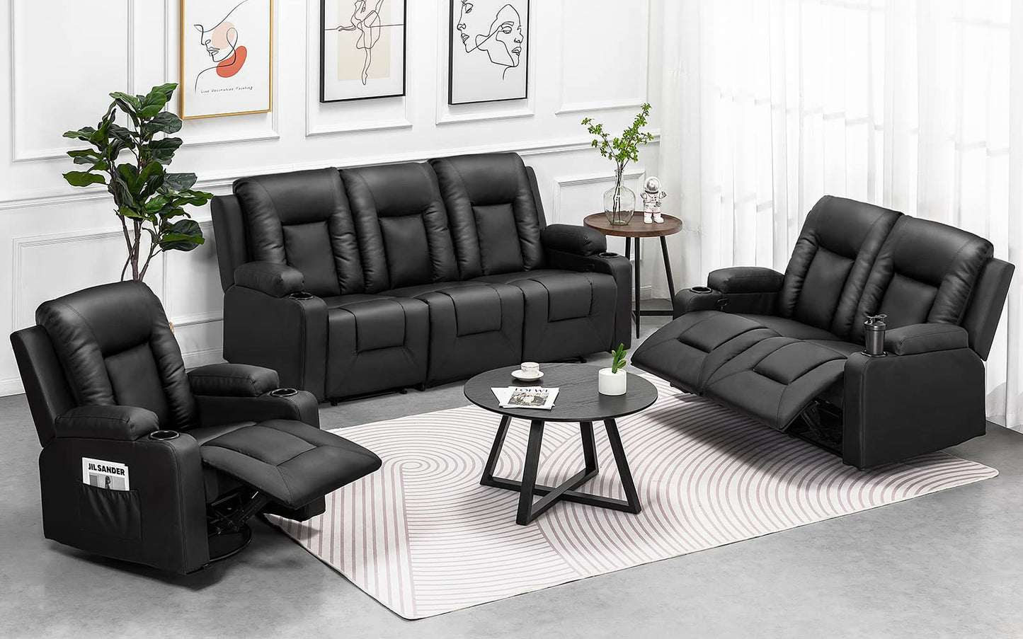 COMHOMA Recline Chair Set，Furniture 3PC Bonded Leather Recliner Set Living Room Set, Sofa, Recline Chair with massger(Black,Living Room Set 3)