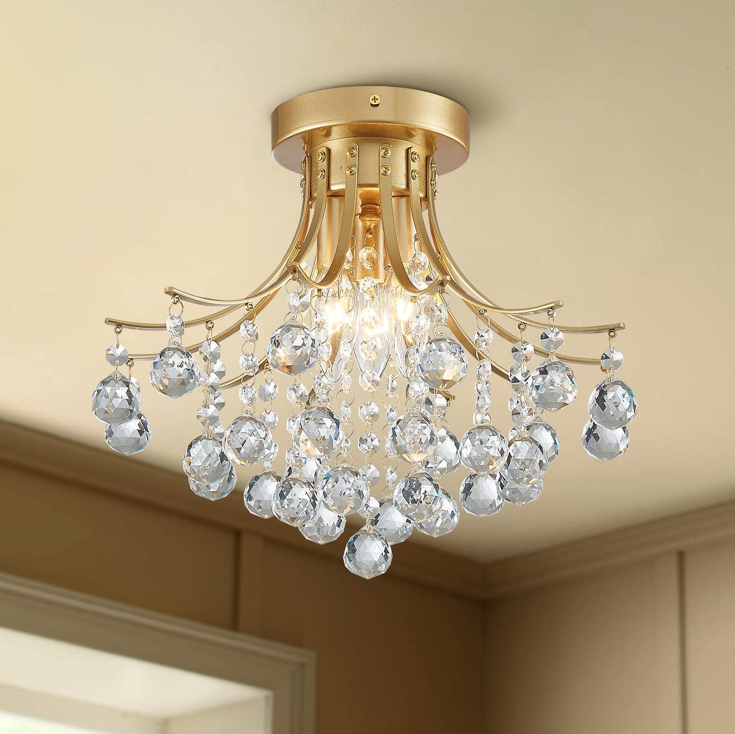 Bestier Modern Gold Crystal Semi-Flush Mount Chandelier, 3 E12 Bulbs, D13.5in x H11.6in, Ideal for Dining Room, Bathroom, Bedroom, Living Room