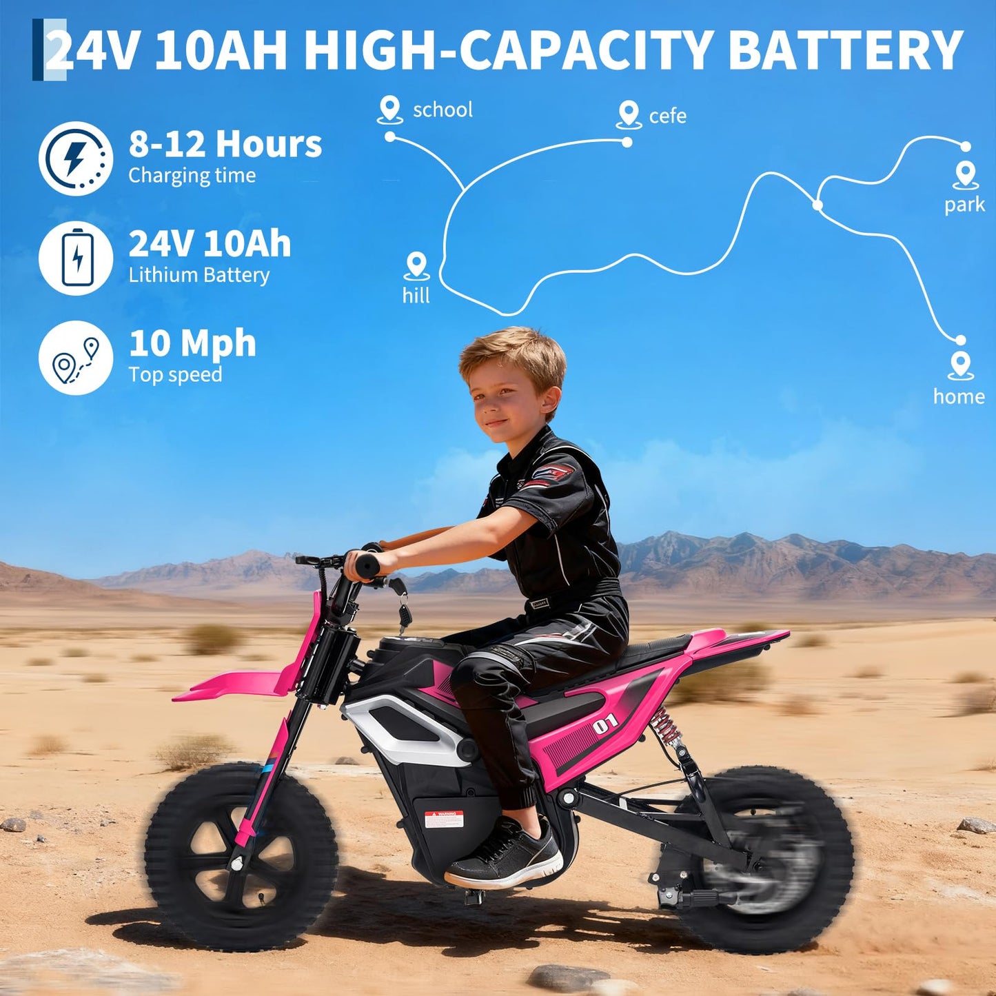 24V Kids Electric Dirt Bike, 350w Motorcycle with 10 MPH Max Speed & 12-Mile Range,Rear Wheel Suspension, Twist Grip Throttle, Rubber Tires