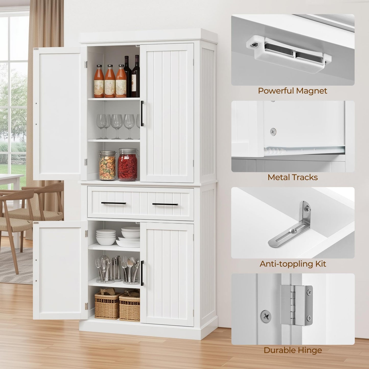 Yaheetech Kitchen Pantry Storage Cabinet with 4 Doors and 2 Adjustable Shelves, 72.5" Freestanding Tall Cupboard Cabinet with Drawer for Dining/Living Room, White