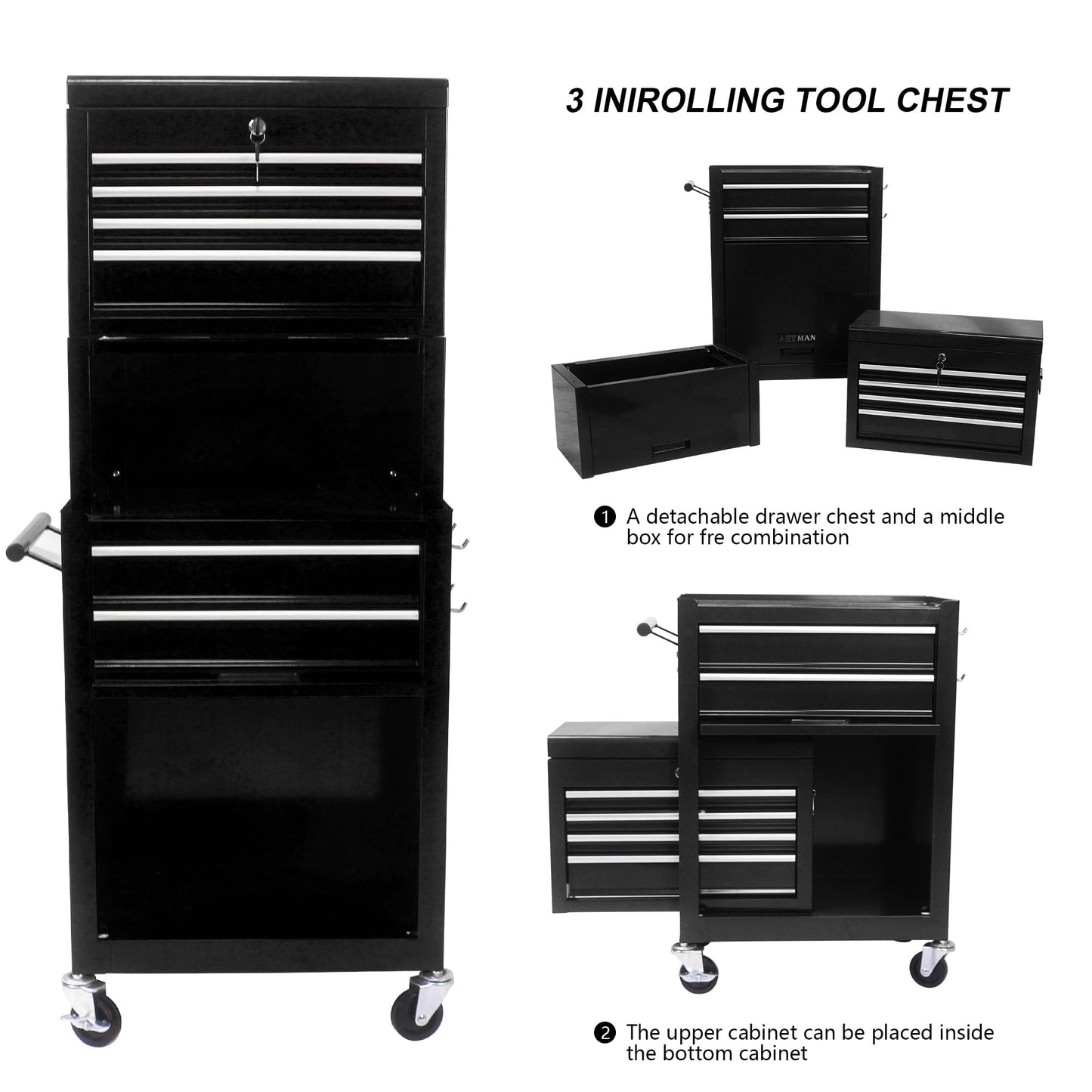 GDFStudio 20.87" Detachable 6-Drawer Rolling Tool Chest with Bottom Cabinet, Lockable Metal Tool Cabinet with Wheels, Hanging Panel, Side Handles, Garage Workshop Storage Cart, Black