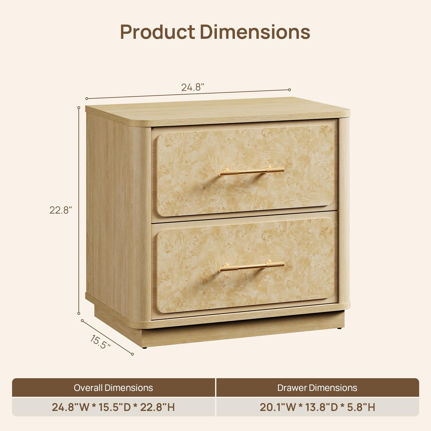 SICOTAS Nightstands Set of 2 with 2 Deep Drawers & Rounded Corners 24.8" Wide Modern Burl Wooden Night Stand Large Sturdy Bedside Table Easy Assembly End Tables for Bedroom Sofa Office