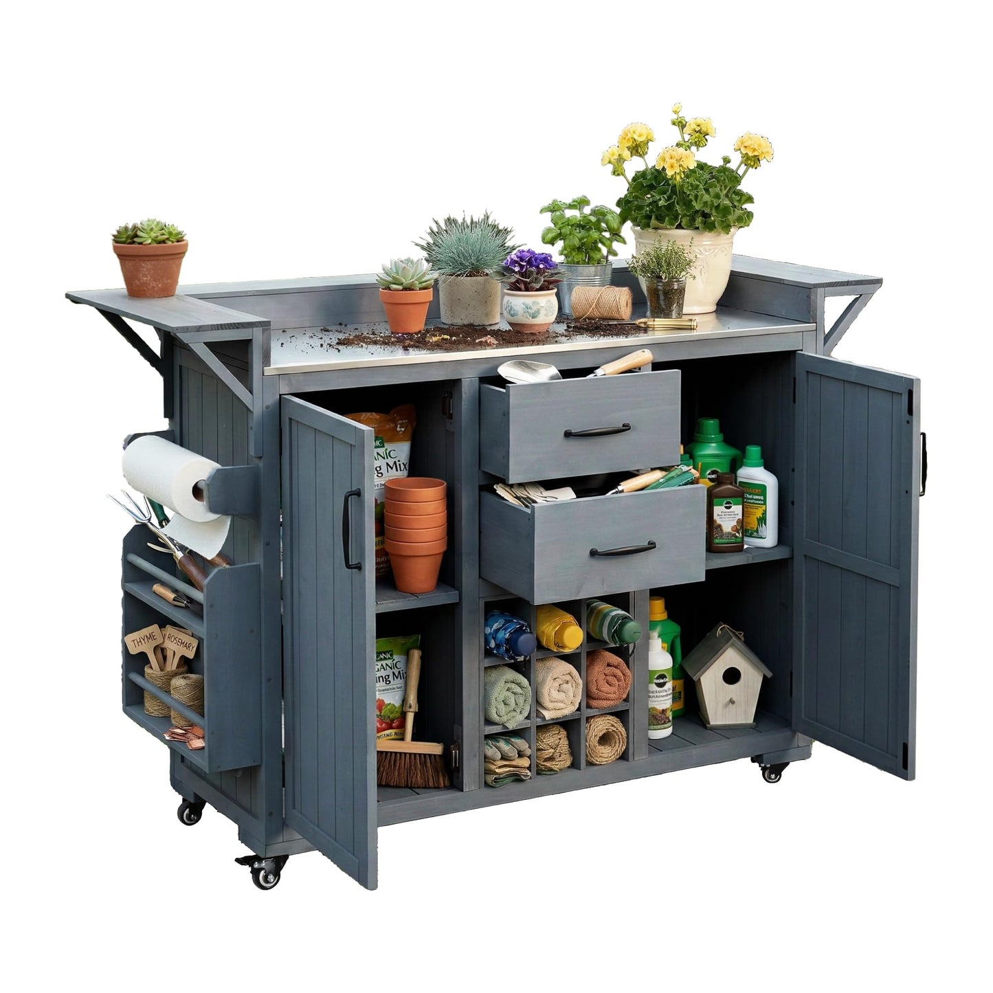 GDFStudio Elhill Patio Kitchen Island Cart with Extendable Top, Wooden Outdoor Storage Cabinet with Stainless Steel BBQ Prep Table Top, Wine Rack, Spice Rack, Drawers and Lockable Wheels, Gray