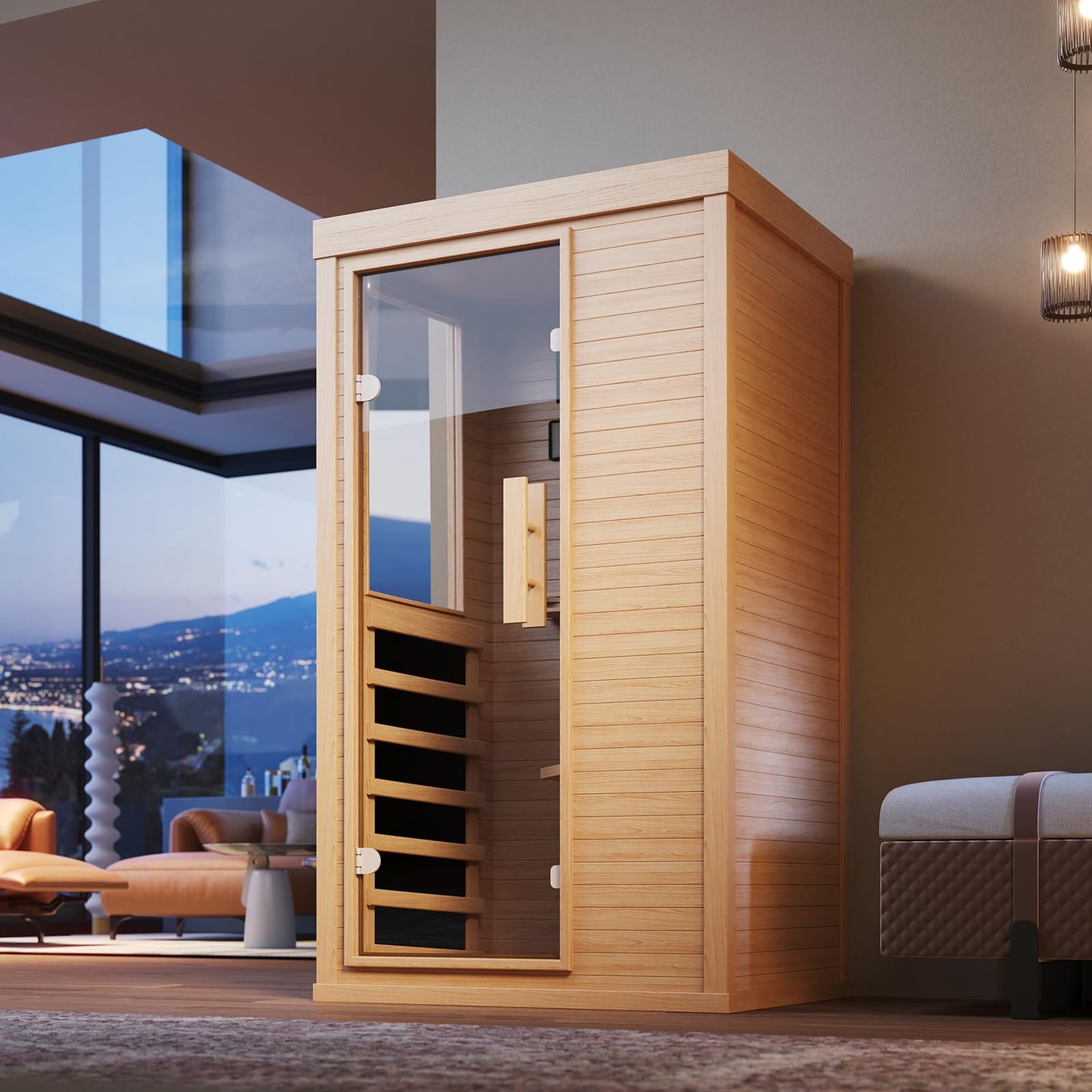 SunSwell Wood Infrared Sauna, 1 Person Traditional Home Sauna, Canadian Hemlock Indoor Dry Sauna Spa Room for Low EMF with Bluetooth Speakers and Control Panel, 32.67"x 27.55"x 59.44"