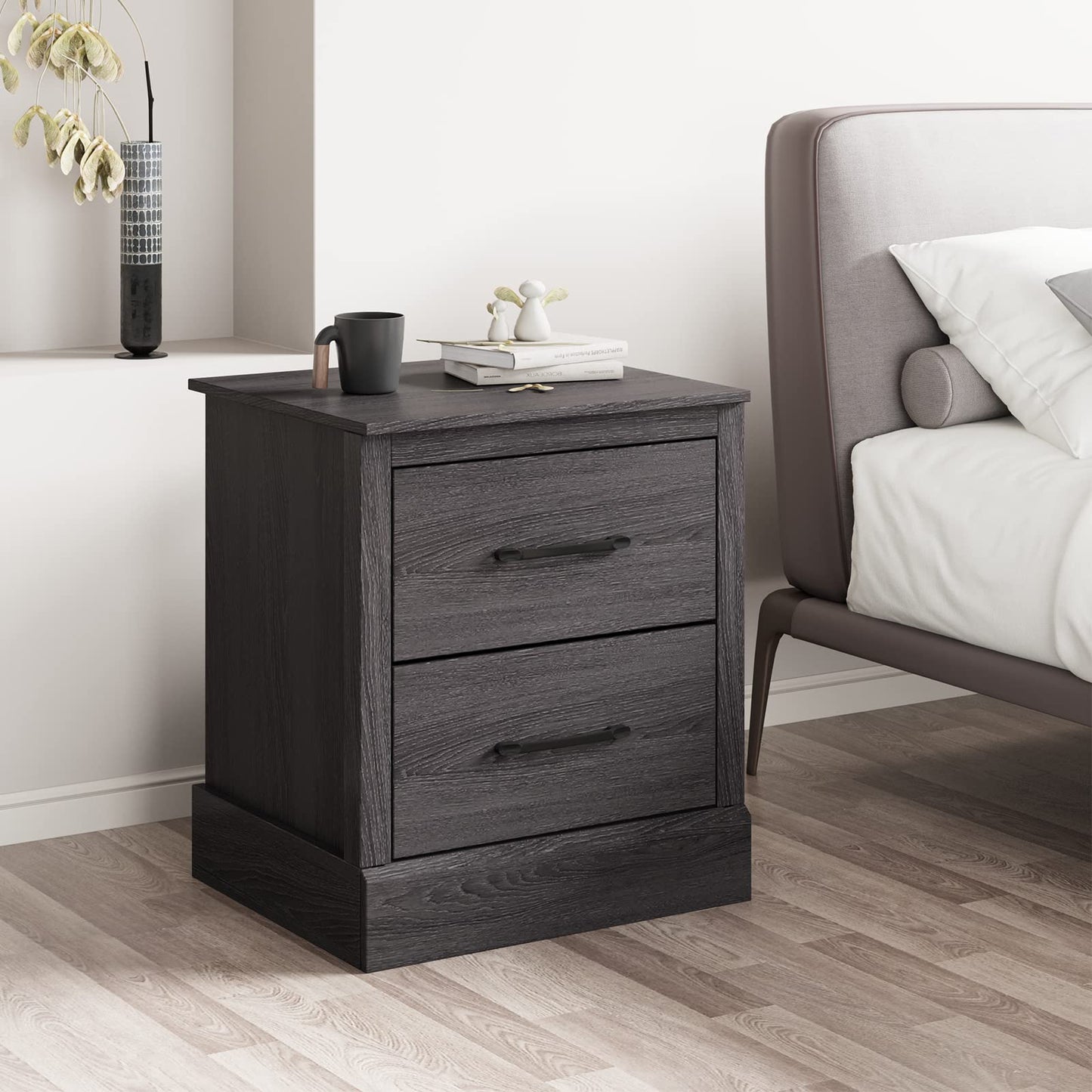Giantex Farmhouse Nightstand Set of 2, Wood Bedside Table with 2 Storage Drawers, Compact Floor Night Stand End Table, Accent Sofa Side Table for Bedroom, Grey Oak