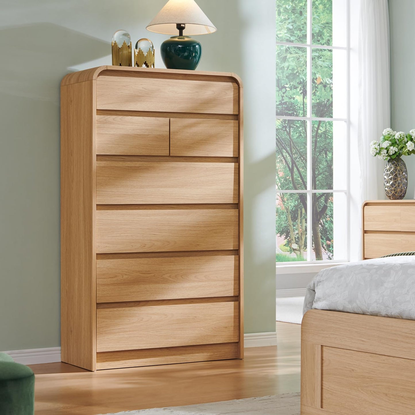 Aitjunz Modern 7 Drawers Dresser for Bedroom, 55" Tall Dressers & Chest of Drawers w/Curved Profile Design, Wood Mid Century Vertical Storage Dressers Organizer for Bedroom, Living Room, Natural Oak