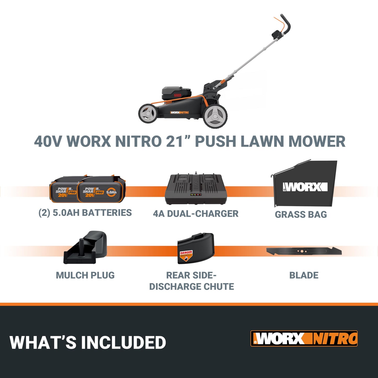 WORX Nitro Cordless Lawn Mower, 21" Electric Mower for 1/2 Acre, Brushless Push Lawn Mower with 7-Position Height Adjustment, 2 × 5.0 Ah Batteries & Charger Included, WG752