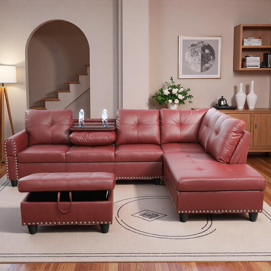 Topcomfy 97.5" L Shaped Couch Set, Modular Sectional Couches for Living Room with Storage Ottoman, 4 Seat Home Sofa Living Room Furniture Sets with Chaise for Apartment Office (Faux Leather, Red)