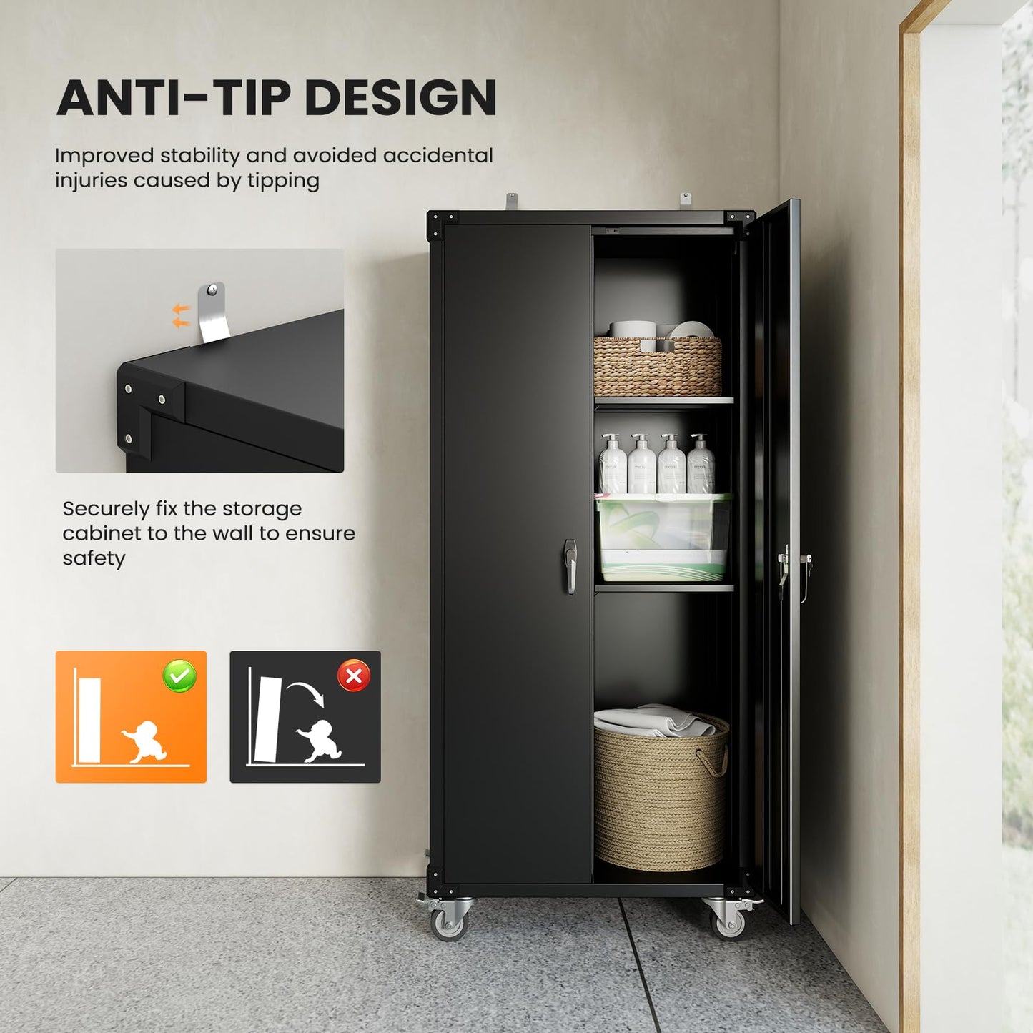 DUMOS 72" Metal Garage Storage Cabinet with Wheels, Tall Rolling Steel Tool Organizer with Adjustable Shelves and Locking Doors, Lockable File Cabinet for Garage, Home, Office, Warehouse, Black