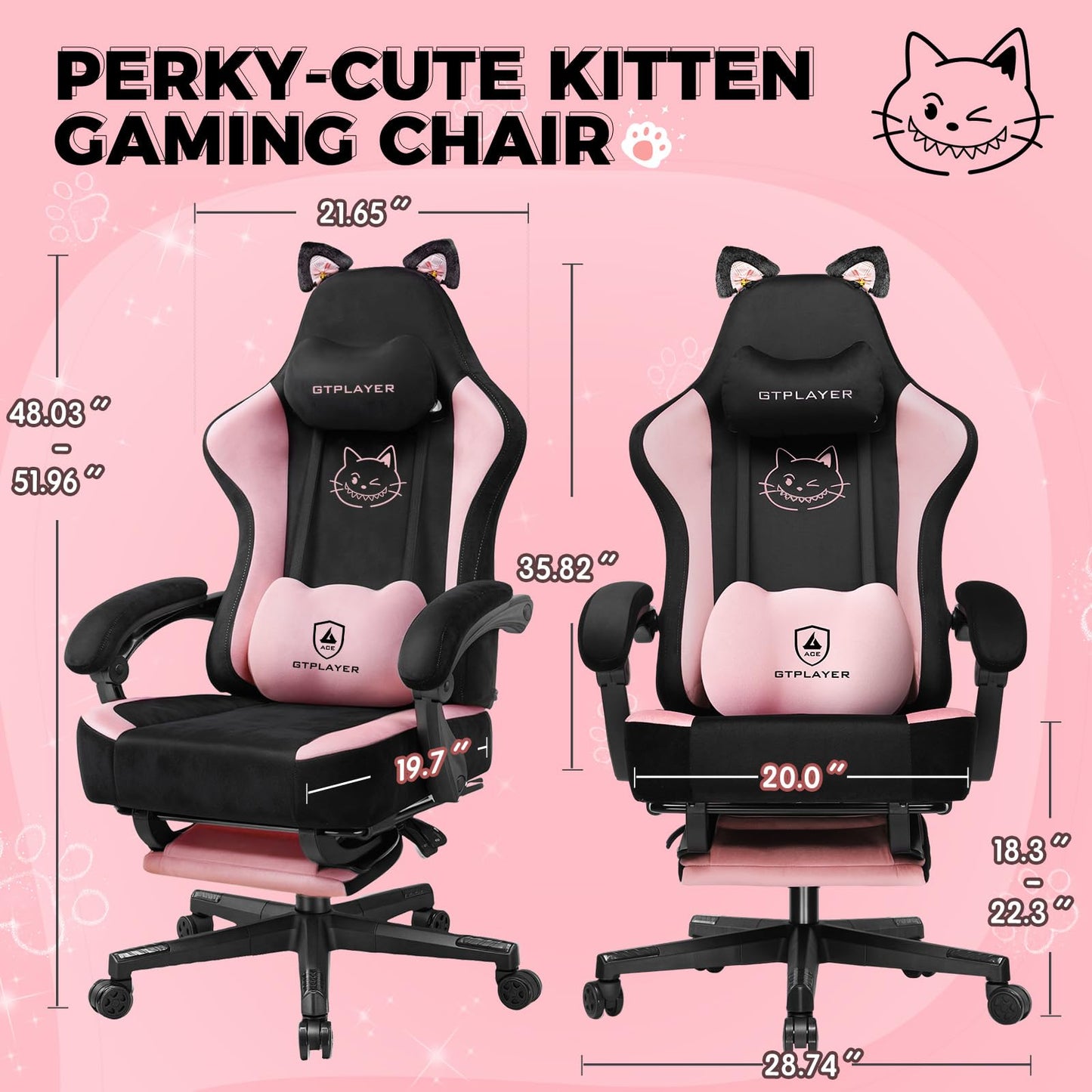 GTPLAYER Pink Gaming Chair Cute with Cat Ears Ergonomic Computer Chair with Cat Embroidery Adjustable Memory Foam Lumbar Support and Headrest Comfortable Reclining Office Chair Soft Velvet Fabric