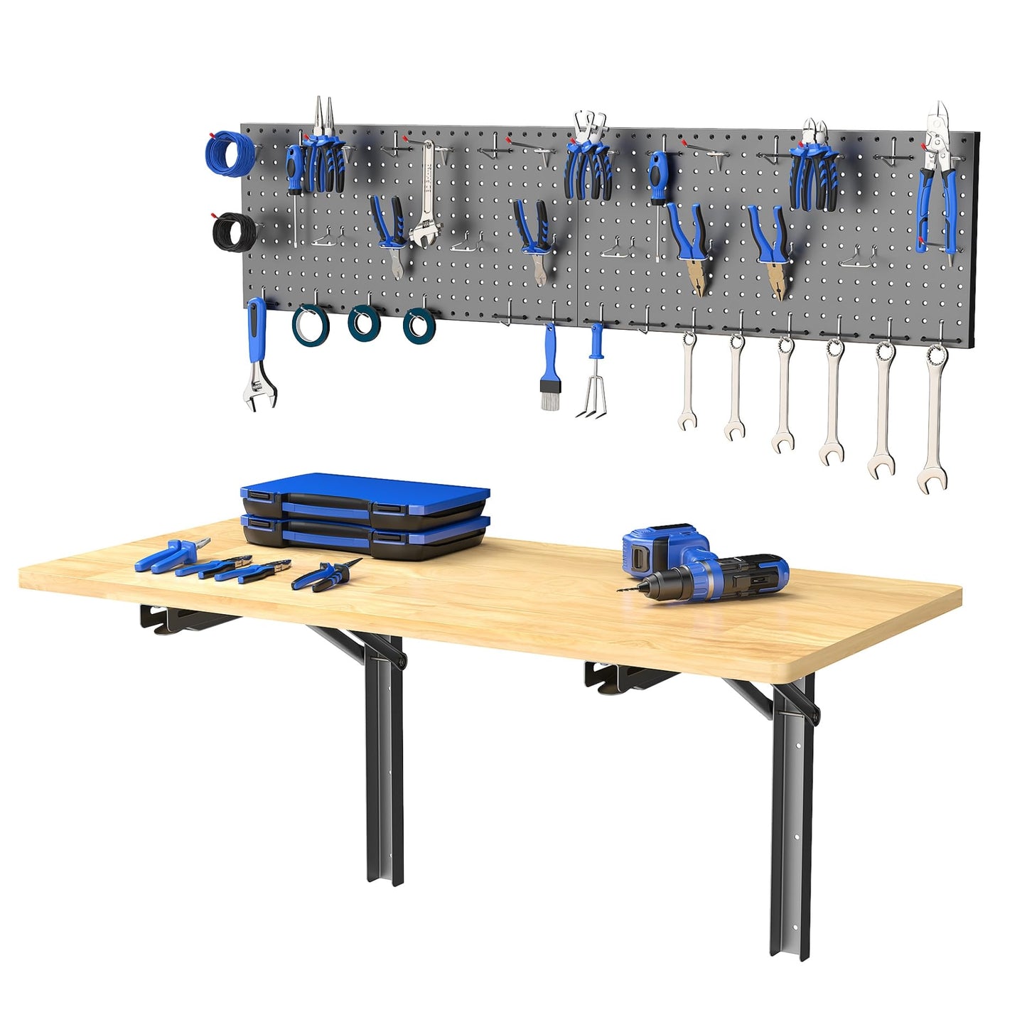 WALMANN Space Saving Wall Mounted Folding Workbench with Pegboard Kit, Heavy Duty Folding Wall Table/Desk for Garage, Workshop, Holds Up to 550 lbs(Tabletop Size: 47.25 x 22.75 in)