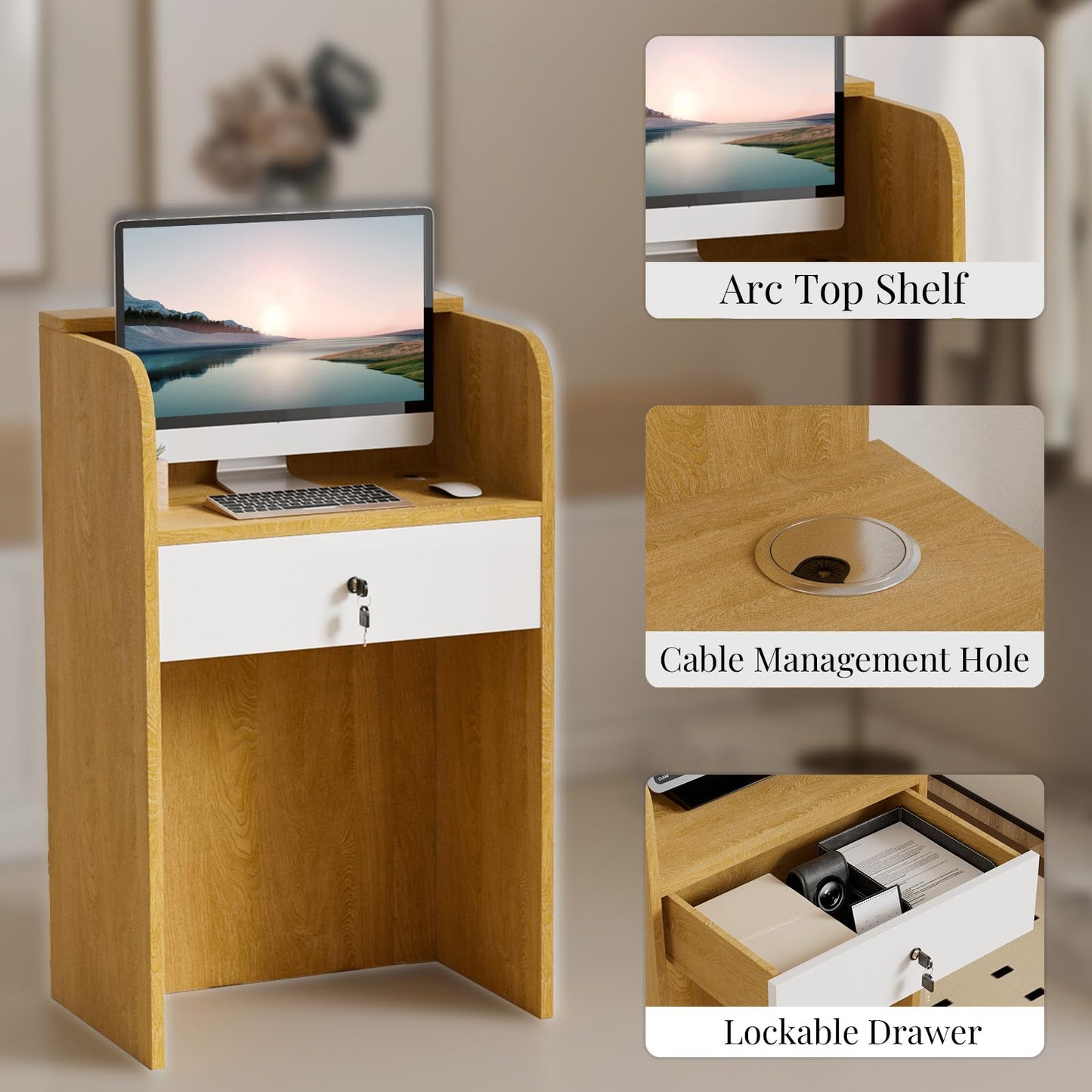 Small Reception Desk with Counter, Modern Front Desk with LED Light & Lockable Drawers, Checkout Counter, Retail Counter, Cash Register Stand for Salon, Lobby, Office, Retail, Natural, 23.6 Inch