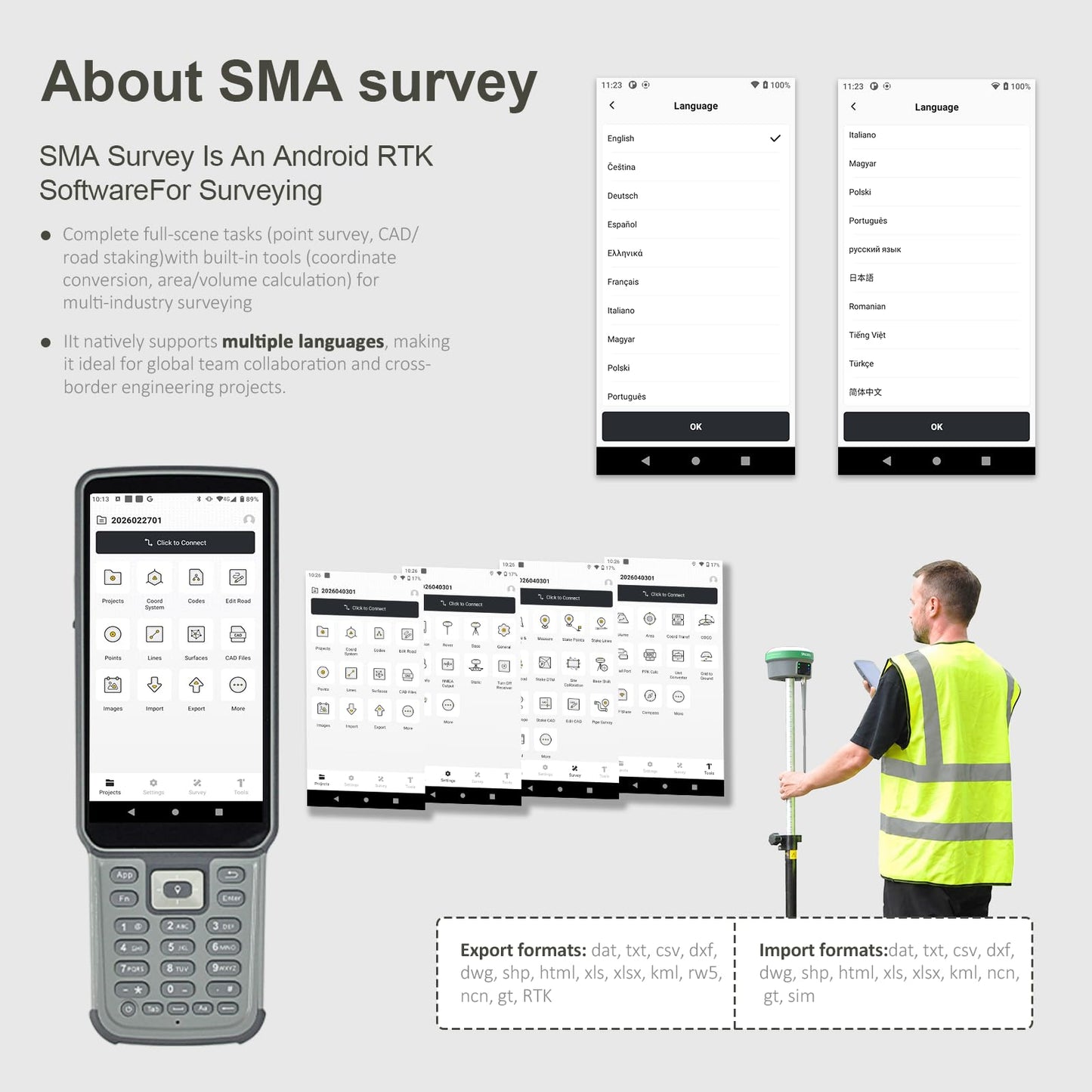 SMA60AR Photogrammetry Rover & SMA20 Pro Base, RTK PPK GNSS Survey Equipment, AR Visual Stakeout, Dual Cameras, OLED Display, 60° IMU, 4G BT, UHF Up to 18 km for Drone Topographic GIS