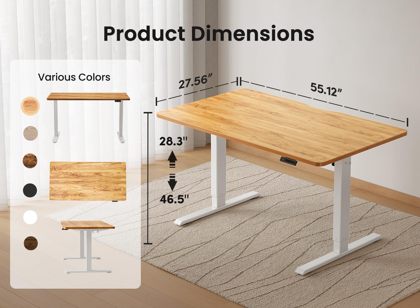 BANTI 55 × 28 Inches Standing Desk, Ergonomic, Electric Height Adjustable, Sit and Stand Up, Computer Desk with a Deeper Desktop, White Frame/Light Rustic Top