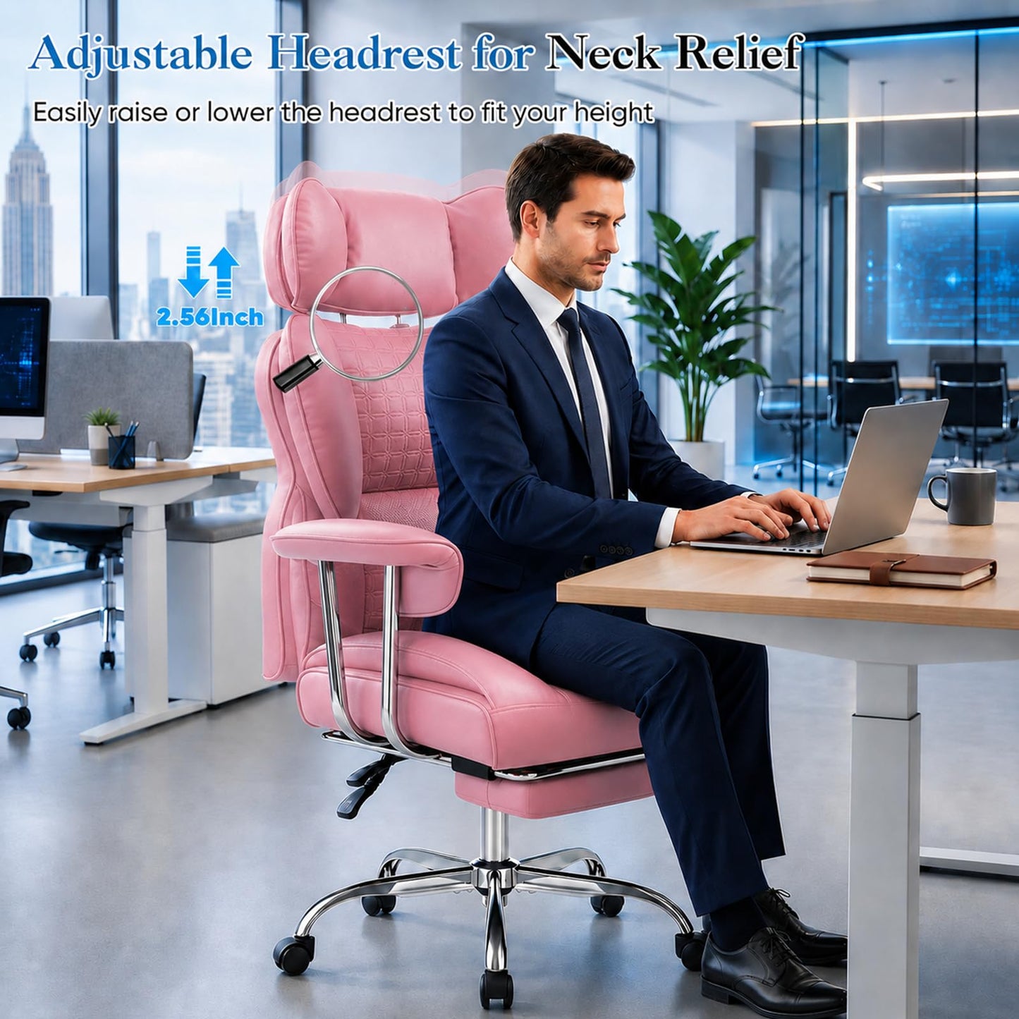Big and Tall Office Chair 350 LBS, Scratch-Resistant PU Leather Executive Office Desk Chair with Footrest, Ergonomic Reclining Computer Chair with Pocket Spring Support for Home Office, Pink