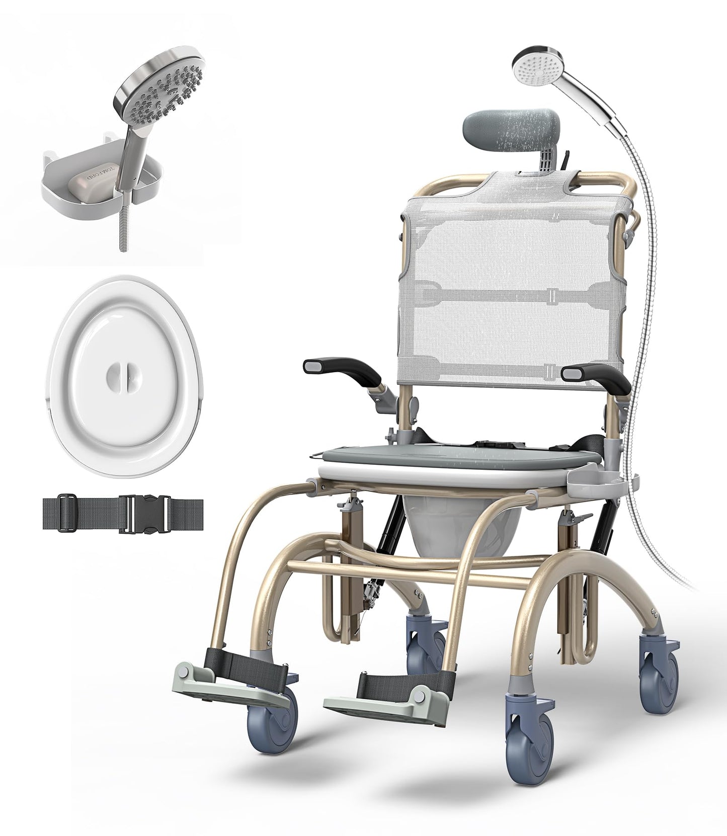 Vocic Reclining Shower Chair with Wheels for Elderly and Disabled, Height Adjustable Rolling Bath Chair with Drop Arms (300 lbs)