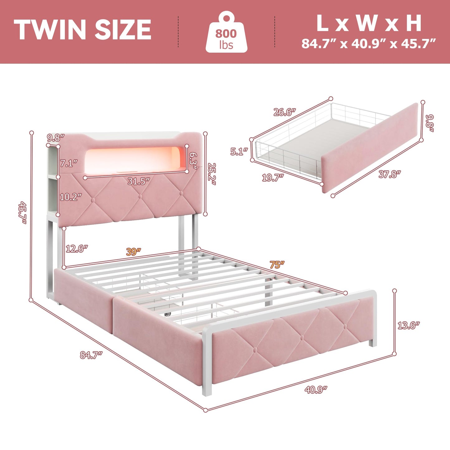 Twin Upholstered LED Bed Frame with 2 Storage Drawers and 2-Tier Storage Bookcase Headboard, Velvet Princess Platform Bed for Kids/Girls/Boys, Heavy Duty Metal Support, No Box Spring Needed, Pink
