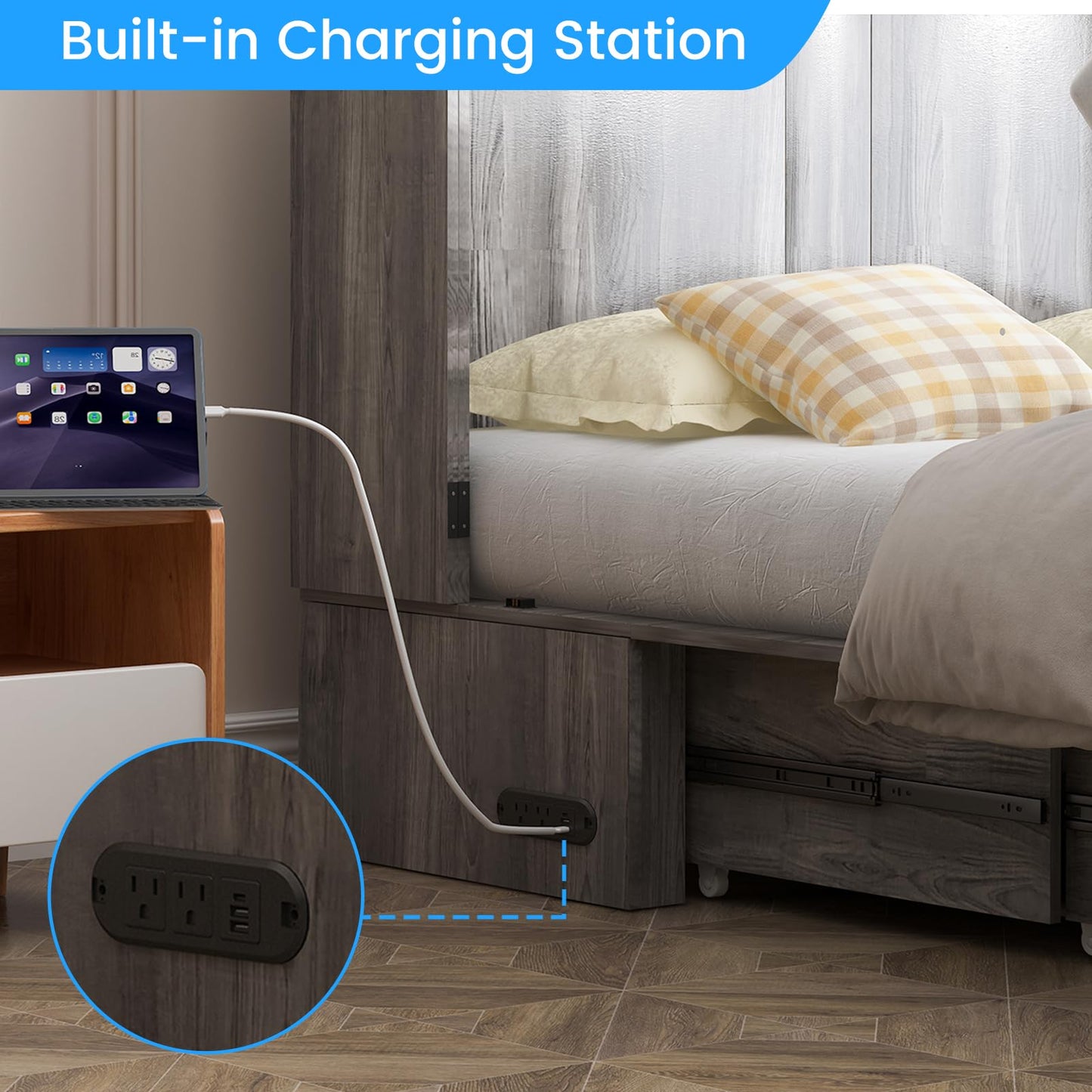 PUREMIND Full Murphy Bed Cabinet with Mattress Included, Bedroom Cabinet Beds with USB Charging Station, Murphy Chest Bed with Storage Drawers, Horizontal Wallbed for Guest Room Grey