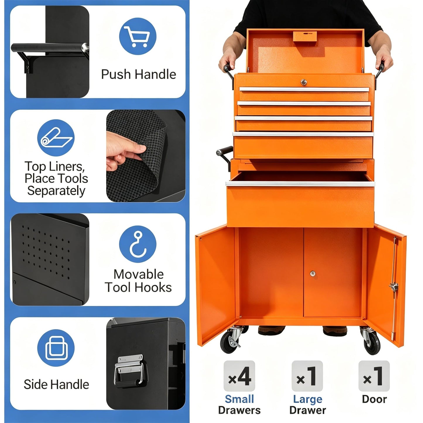 SierraSquad Heavy Duty 5-Drawer Rolling Tool Chest, 2-in-1 Detachable Top Tool Box, Locking Steel Storage Cabinet Cart on Wheels, Orange