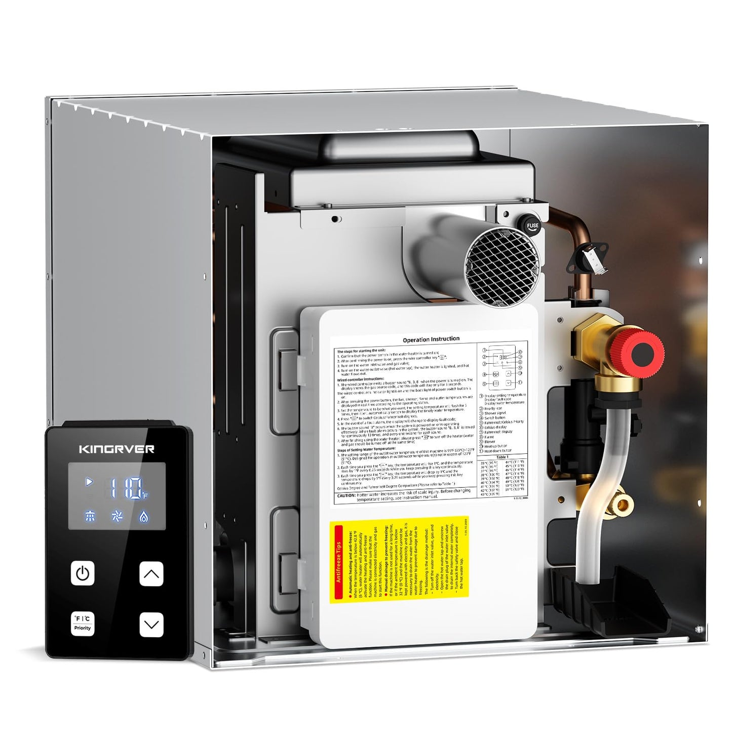 KINGRVER KINGRVER XT65 Tankless RV Water Heater, 3.8 GPM On-Demand Hot Water, Propane Gas Powered, 12V DC, Wired Remote Controller, High-Altitude Ready, Designed for RV Travel & Family Use