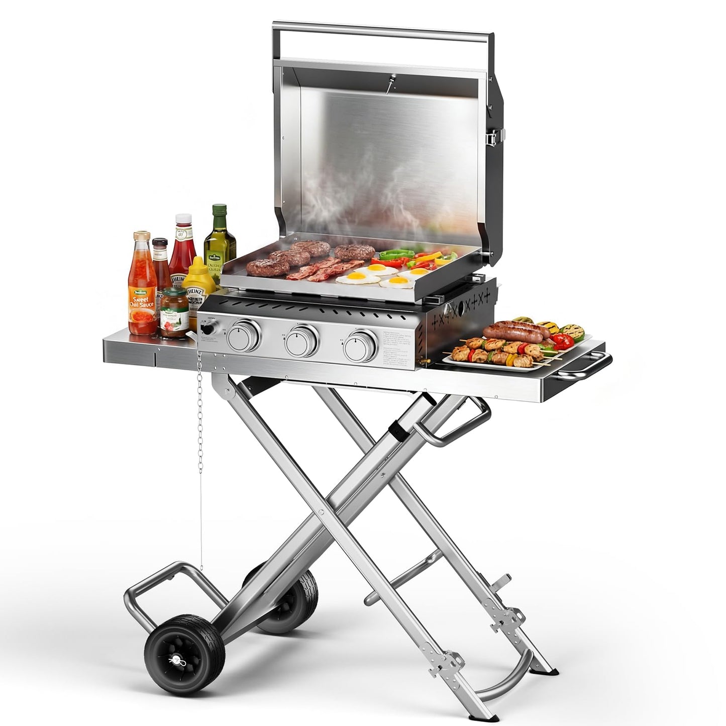 Heavy-Duty 3-Burner Propane Gas Griddle, Portable Griddle with Collapsible Stand, Full Stainless Steel Construction, 24,000 BTU Flat Top Gas Grill Griddle for Camping, Tailgating, Backyard & Patio