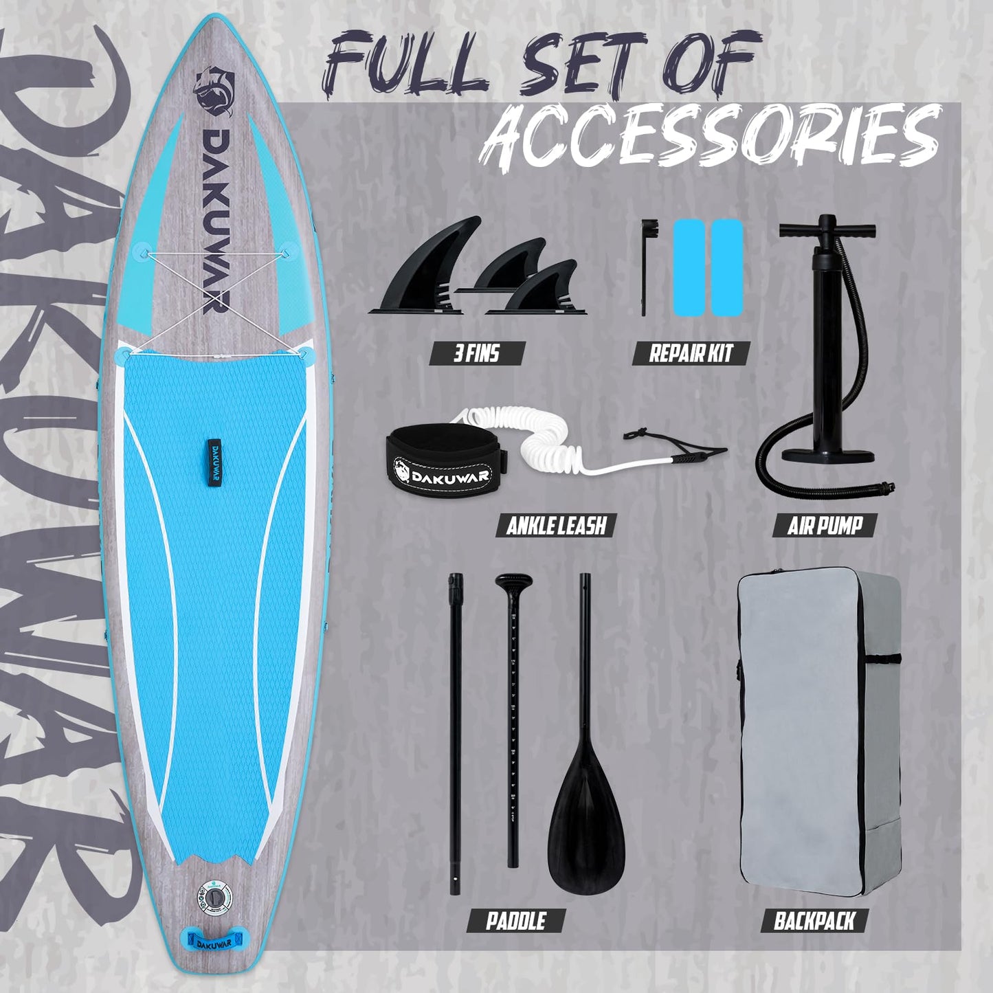DAKUWAR Paddle Board 10'6''/10' Inflatable Stand Up Paddle Boards with SUP Accessories Ultra-Light Paddleboard Non-Slip Comfort Deck for Adults & Youth of All Skill Levels (Blue and Grey)