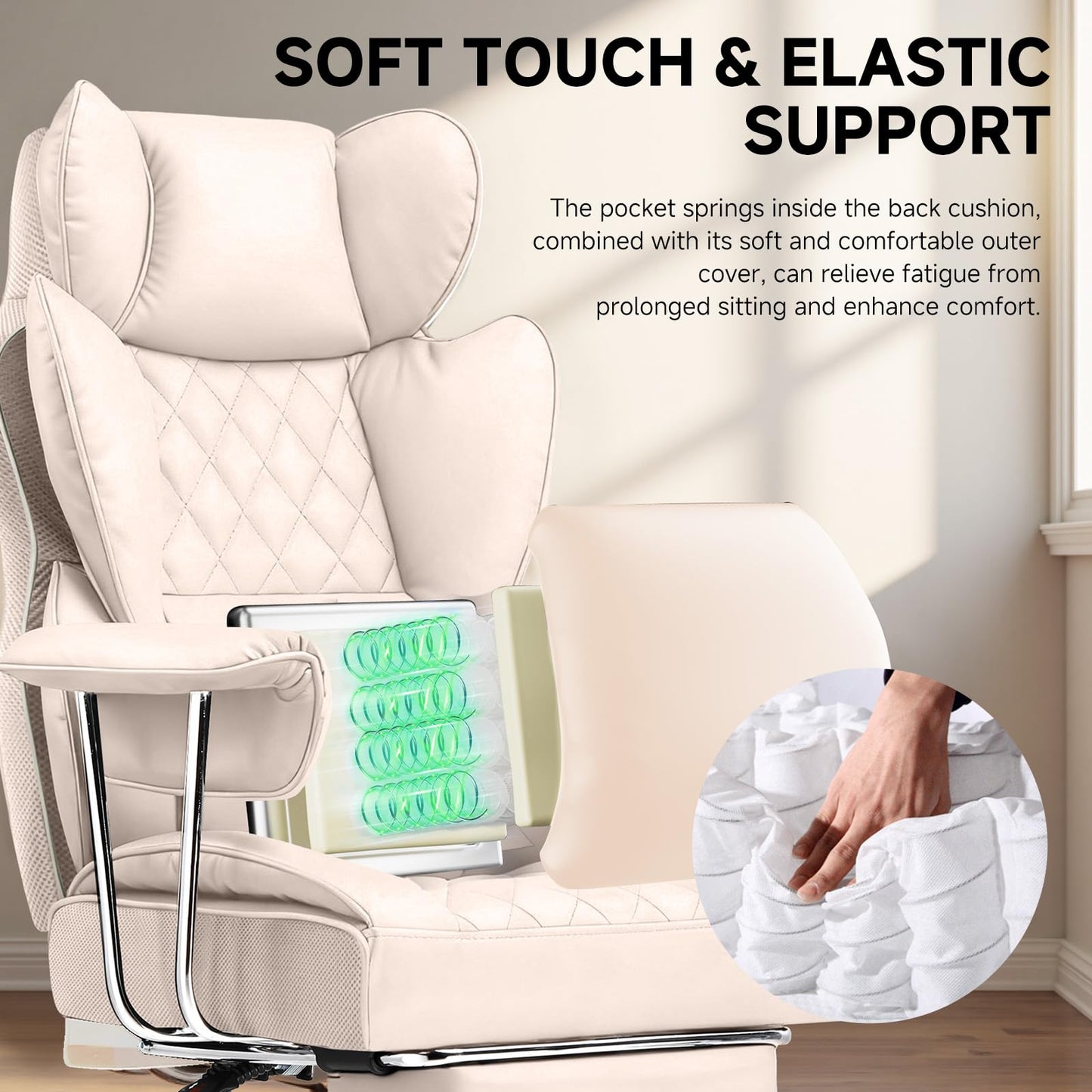 COMHOMA Big and Tall Office Chair, High Back Leather Gaming Chair with Footrest, Executive Ergonomic Office Chairs with Pocket Spring Lumbar Support and with Outward Fixed Soft Armrests