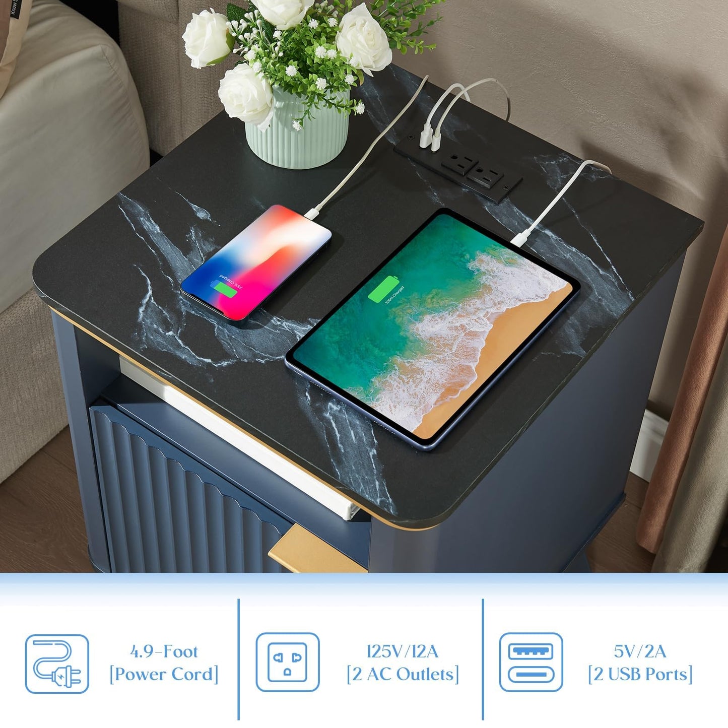 RNLRNL Fluted Nightstand Set of 2 with Charging Station, Bedside Table with Open Storage and Cabinet, 18" Modern Side Table, End Table for Bedroom, Living Room, Navy Blue