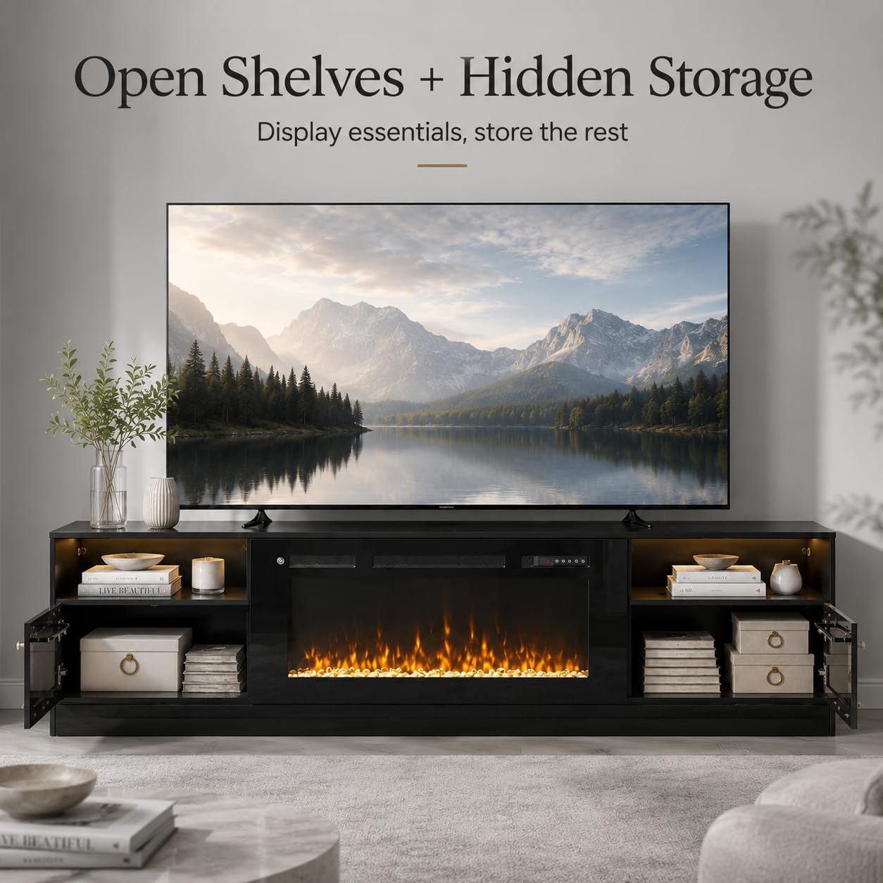 OneBlis 90" Fireplace TV Stand for TVs Up to 100",Entertainment Center with 50” Electric Fireplace and 12 Colors LED Lights,Large TV Console with Storage Cabinet for Living Room,All Black