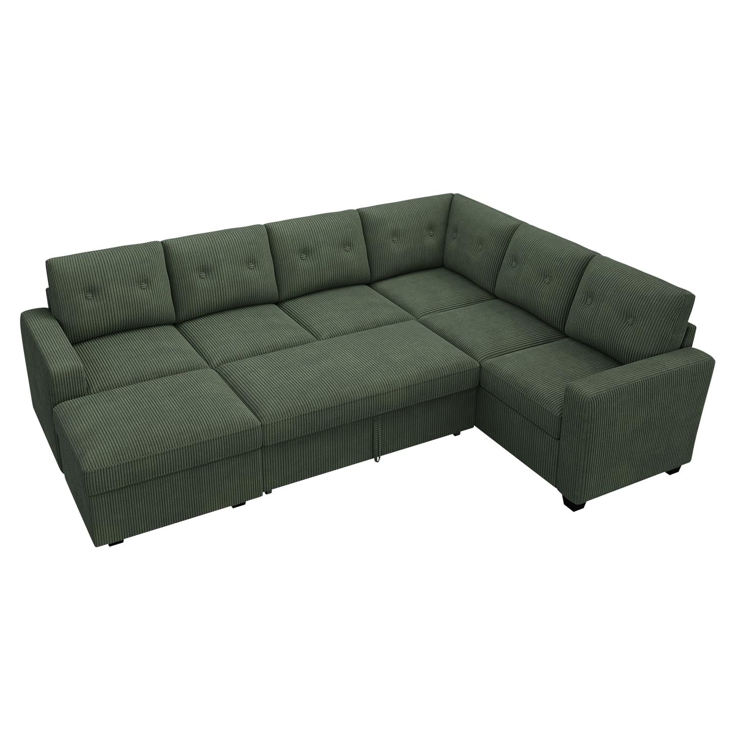 HONBAY 106.2 Inch U-Shaped Sectional Sleeper Sofa with Pull-Out Bed & Storage Ottoman, 7-Seater Sectional Sofa for Living Room, Pet-Resistant Corduroy Couch, Green