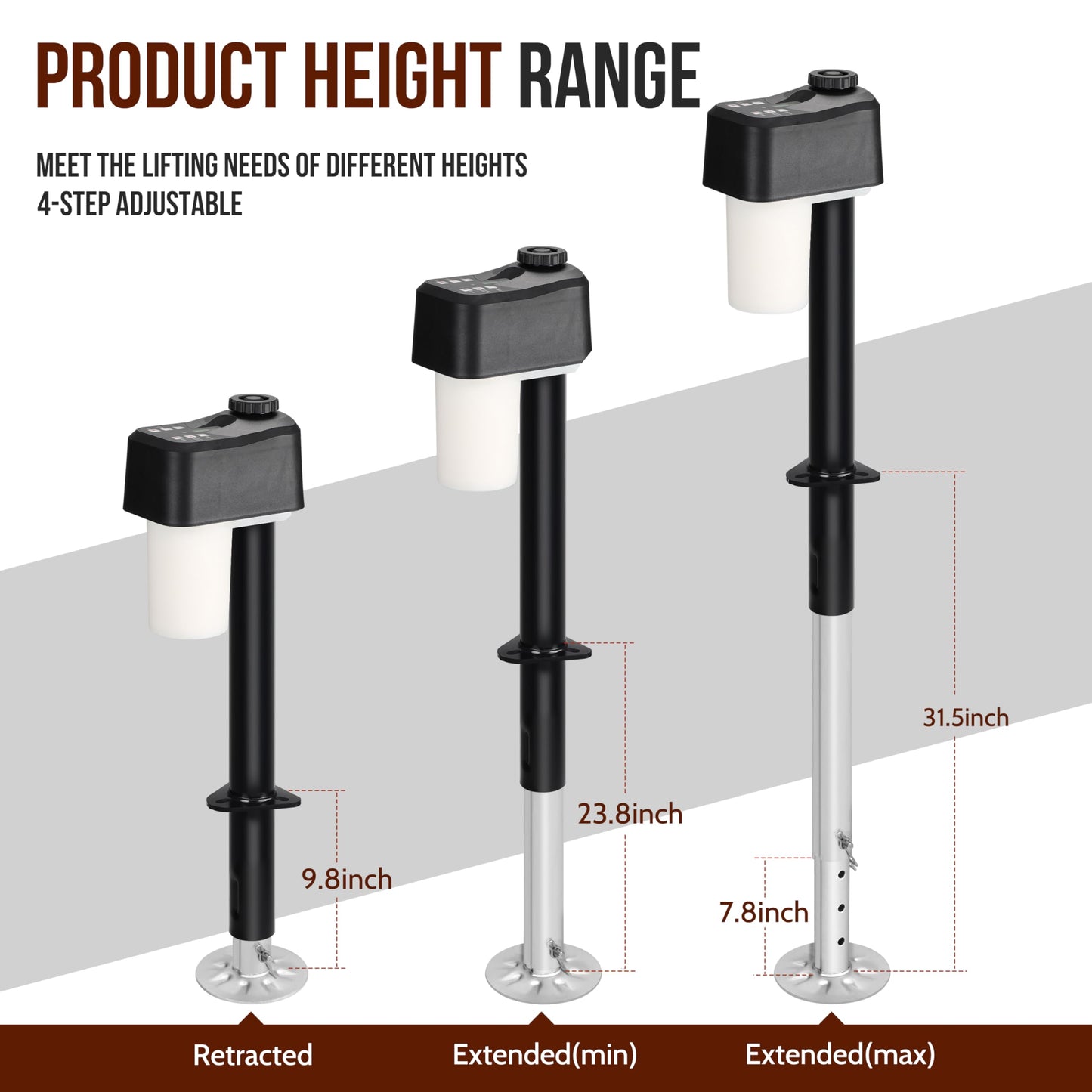 Dnigh Electric Trailer Jack 7600LBS, 12V Heavy Duty RV Jack with Remote Control, IPX65 Waterproof, 9.8-31.5" Extended Electric Tongue Jack for A-Frame, Utility & RV Trailer, LED Light & Bubble Level