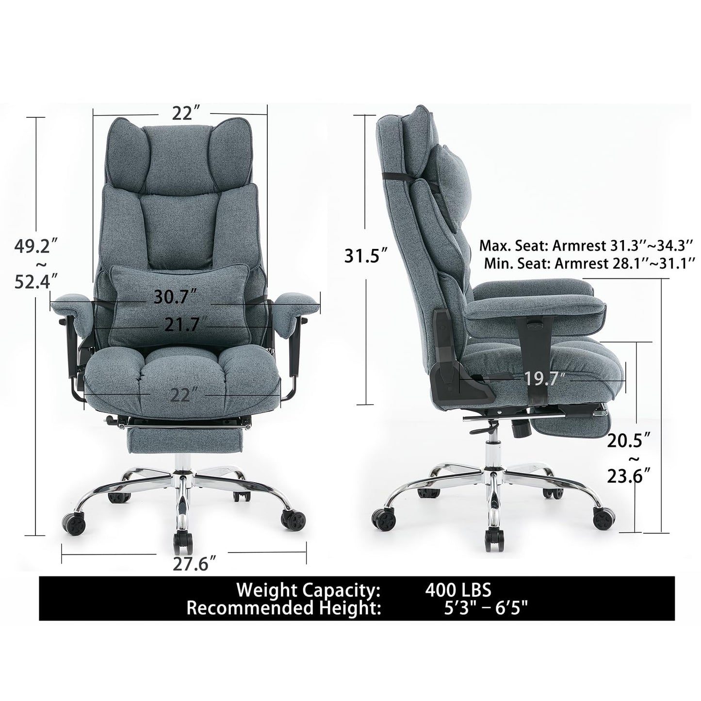 mokodo Ergonomic Office,Fabric Executive Desk Chair with Pocket Spring Cushion, 155° Reclining Computer Chair, Big and Tall Heavy Duty Seat with Adjustable Headrest & Lumbar Support (Dark Blue)