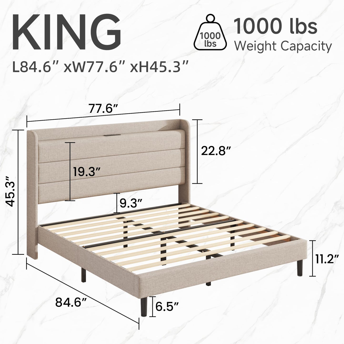 Lcwtvgxr King Size Linen Multifunctional Bed Frame, Wingback Headboard with Charging Station & Storage Shelf, Upholstered Platform Bed, Noise Free, No Box Spring Needed, Easy Assembly, Beige