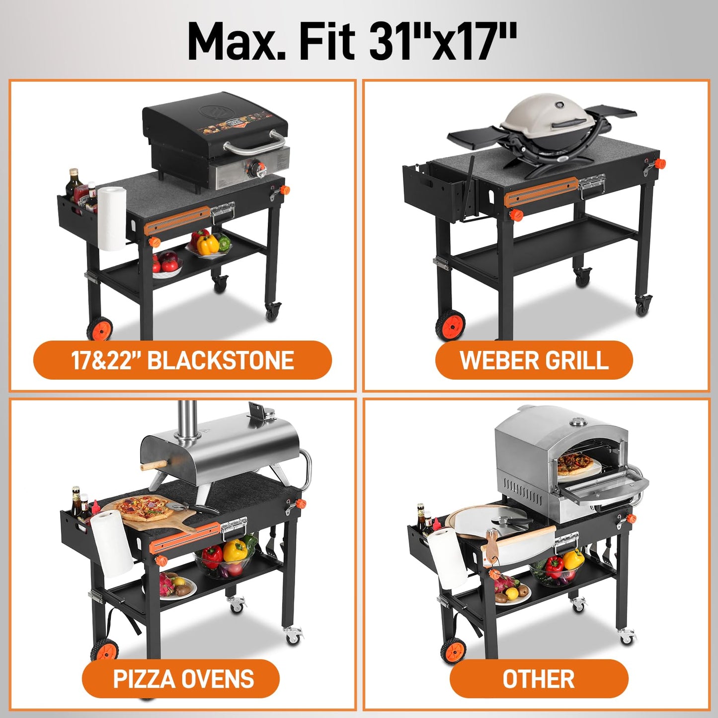 AOKEMAi Grill Cart for Blackstone Griddle, Sturdy Grill Table, Blackstone Stand for 22 inch with Caddy, Blackstones Griddle Table with Wheels, Griddles Table Ninja Grill Stand for Tailgating, Camping