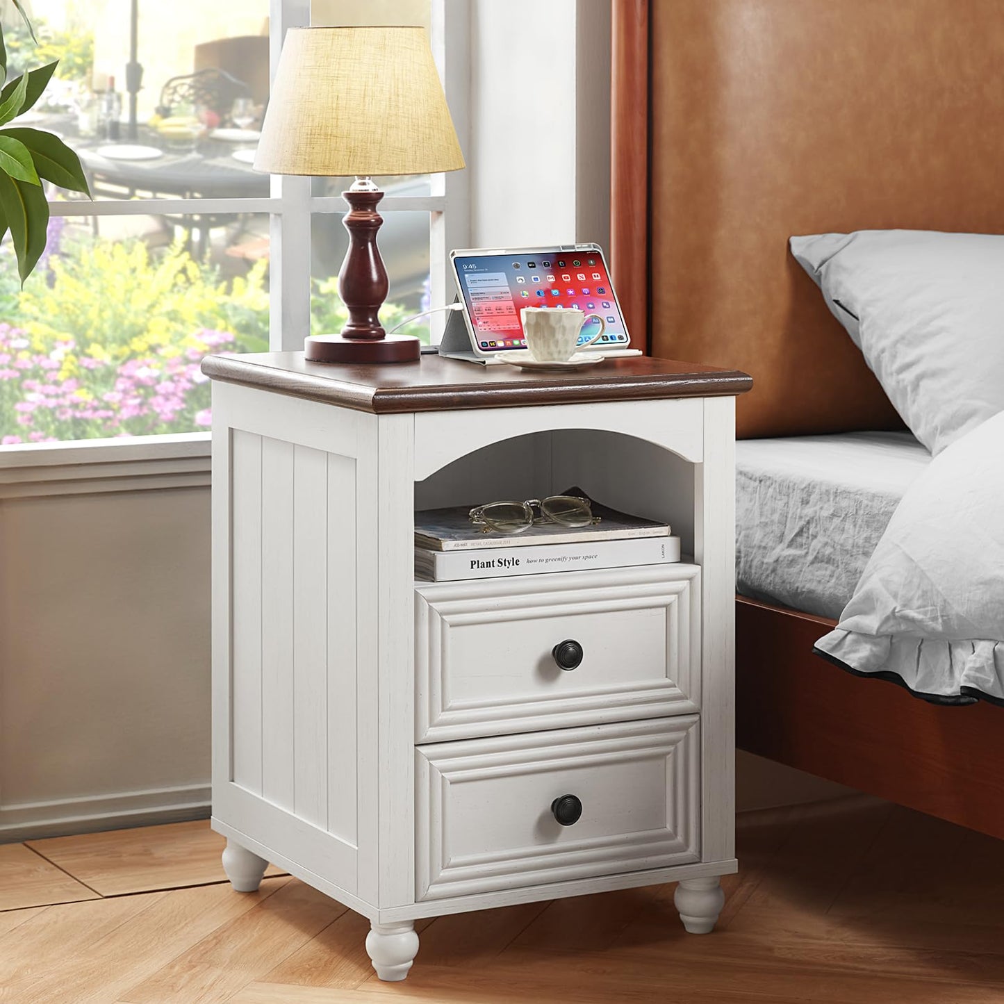 RWYHG 18" Farmhouse Night Stands Set of 2 with Charging Station, Wooden Nightstand with 2 Drawers, Bedside End Table with Storage, Bed Side Tables Cabinet for Bedroom, Living Room, and Closet(White)