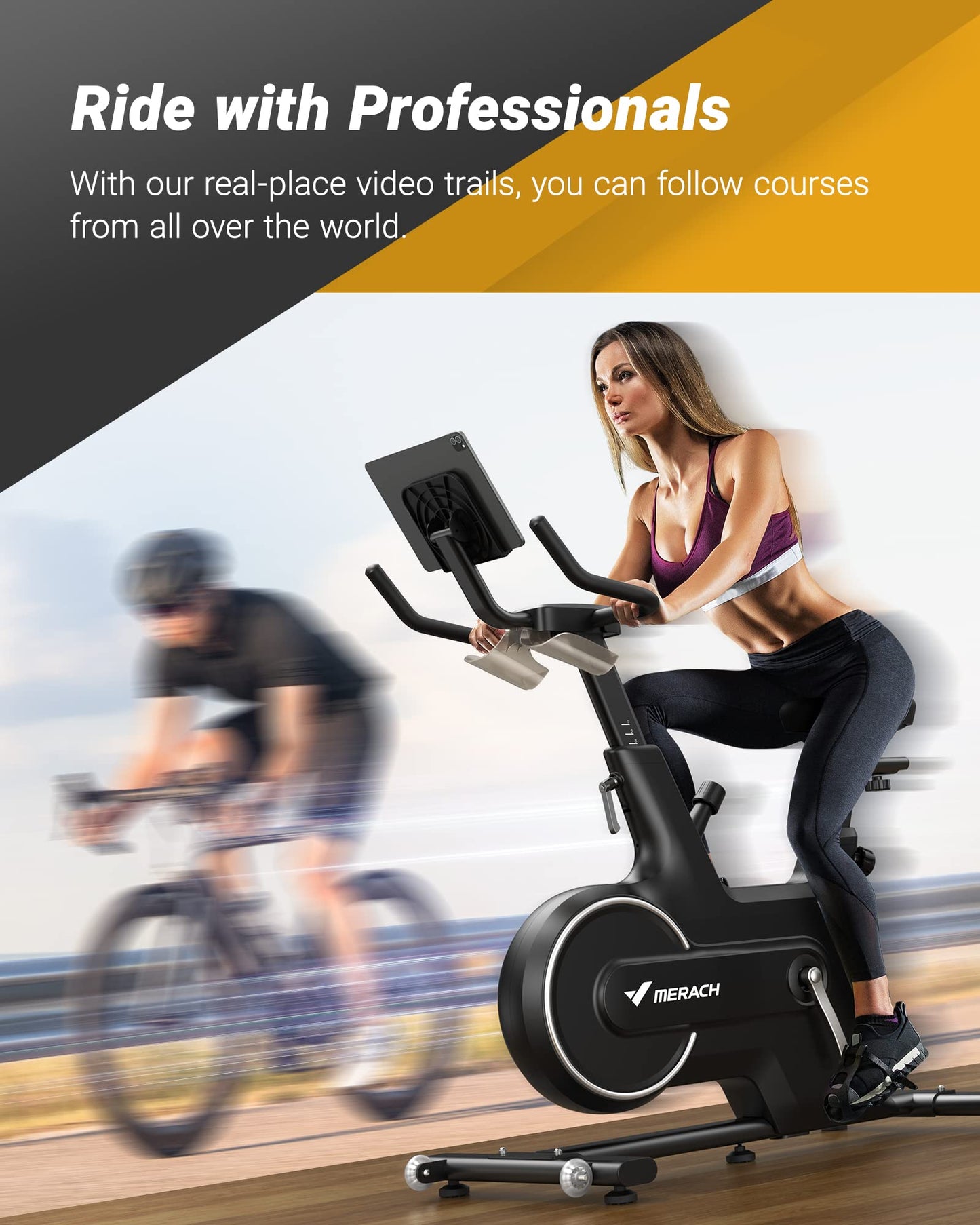 Merach Magnetic Exercise Bike, Low Noise Stationary Bike for Home with Comfortable Seat Cushion, Spinning Bike with 330 lb Weight Capacity, Exclusive App, Tablet Mount and Fitness Courses